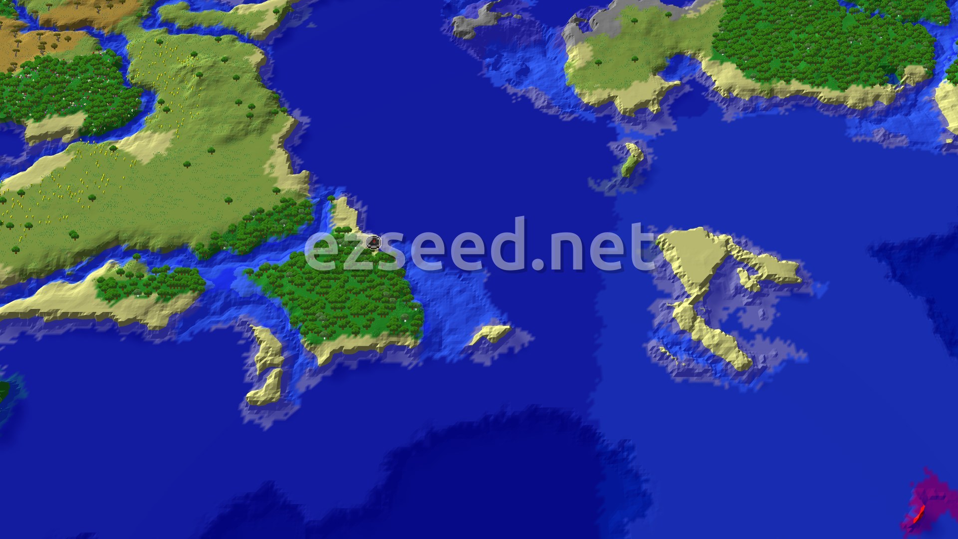 A 3D fly-over of a world, centered on a small, tree-covered island surrounded by ocean, with other landmasses visible in the distance.