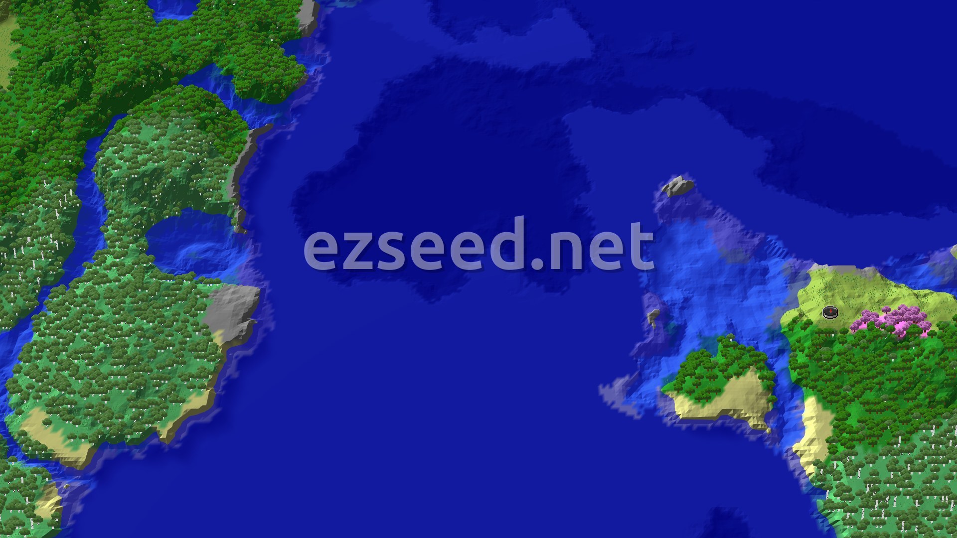 A bird's-eye view of a green island with a small pink cherry grove near the spawn marker, ringed by beaches and deep blue ocean.