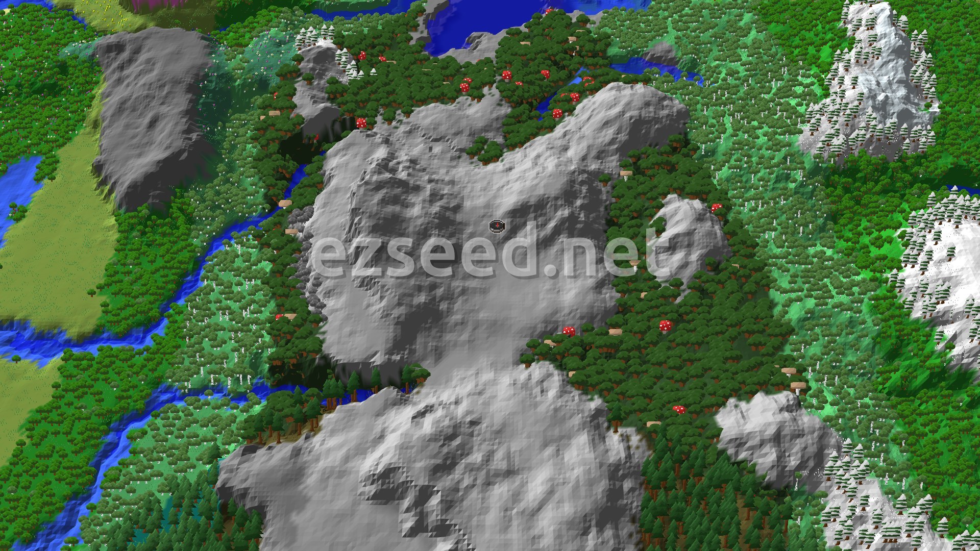 A 3D fly-over of a bare grey stone plateau ringed by dark oak forest with giant red mushrooms, rivers to the west and snowy spruce peaks to the east.