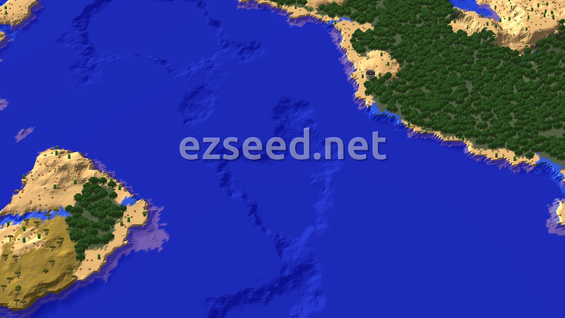 A coastline of dense dark mangrove trees and pale sand meeting open blue ocean, with small desert and savanna islands scattered offshore.