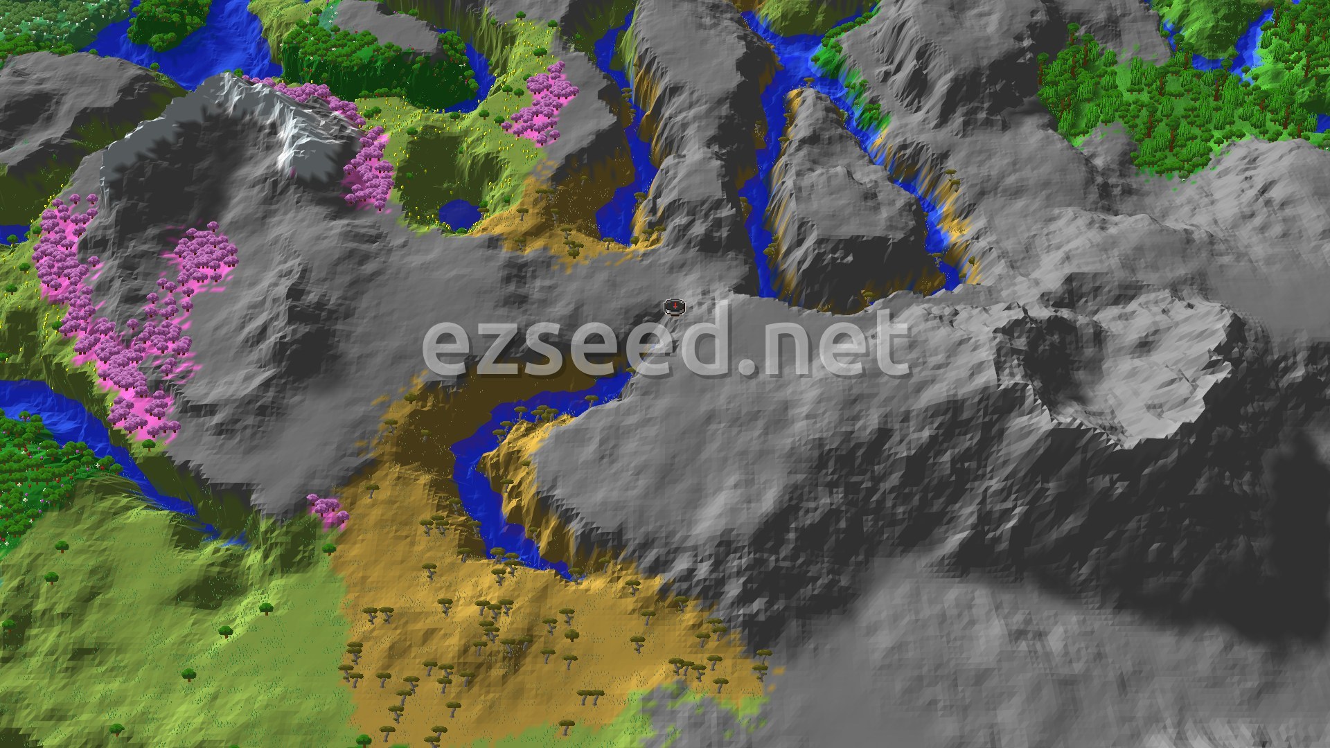 Aerial Minecraft seed map — Savanna Plateau Above Rivers With an Ancient City