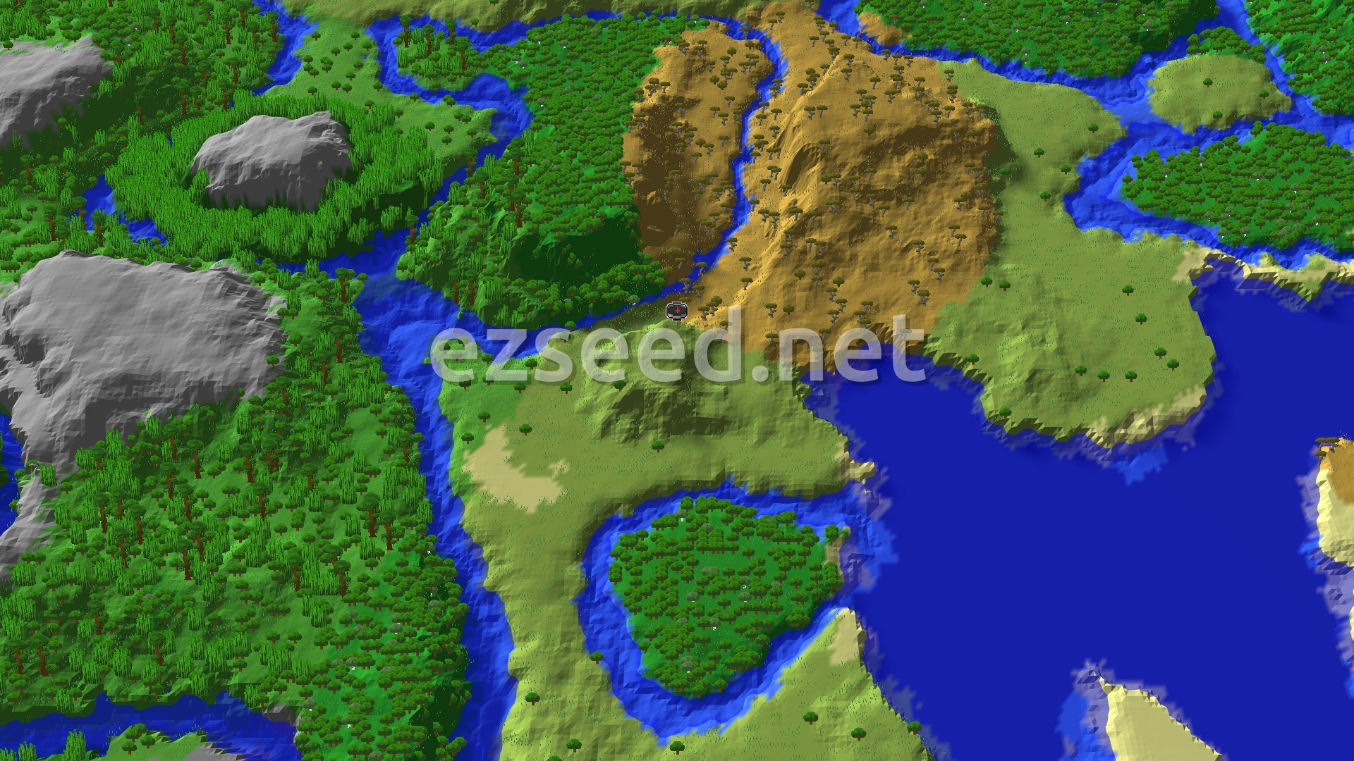 A river winds between a brown savanna hillside and dense green forest, with a large blue lake and a small wooded island to the south.
