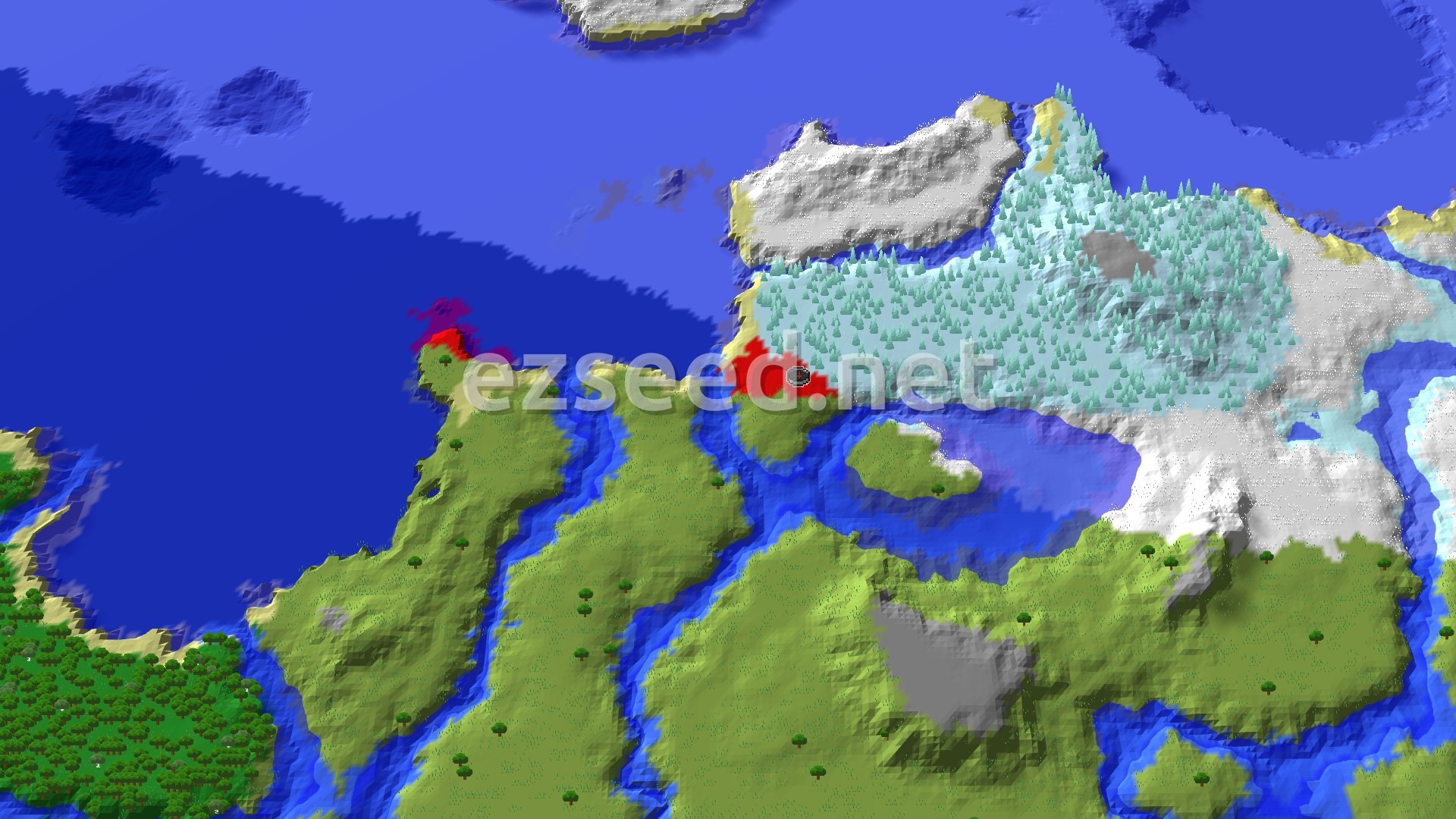 A fly-over of a green plains coast split by inlets, with a frosted spruce forest and snowy ground to the east and deep blue ocean to the north and west.