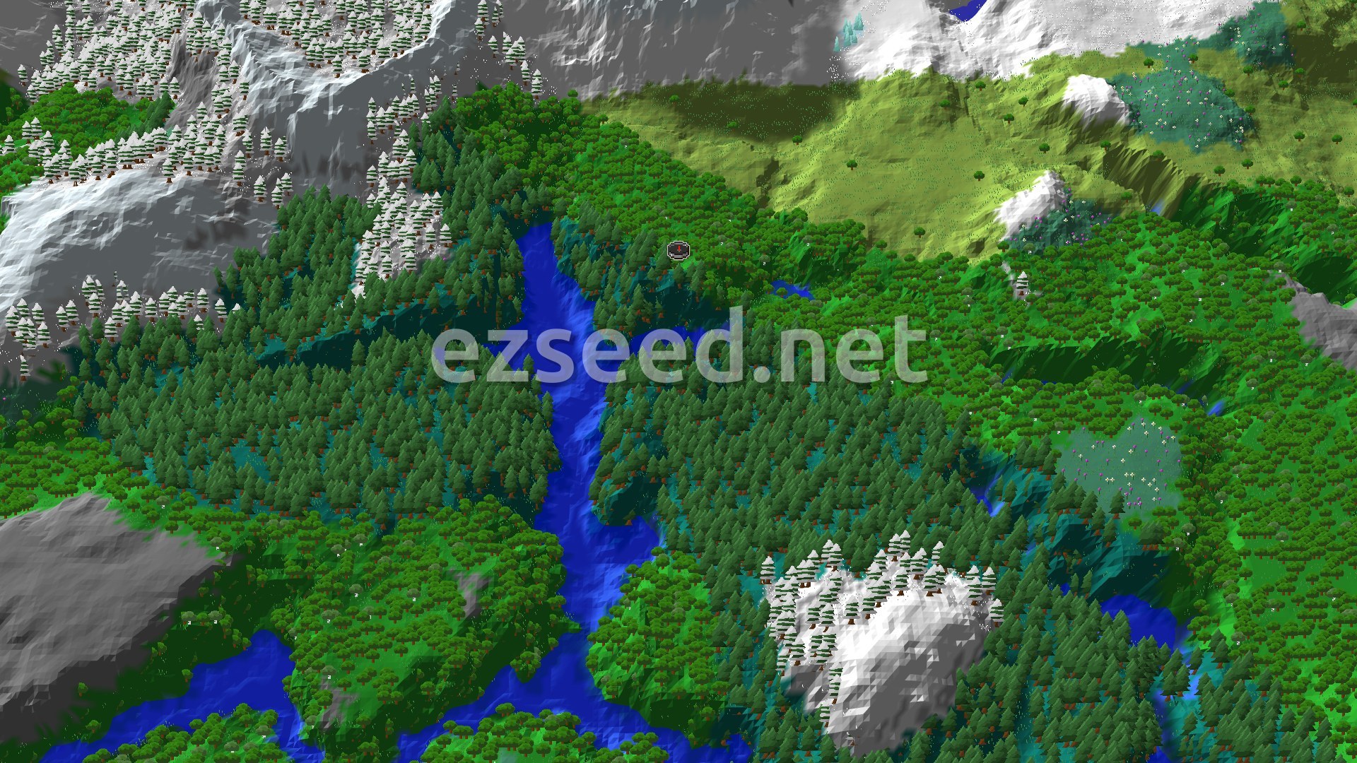 An overhead 3D view of a Minecraft landscape, showing a dense green forest in a valley, with a winding blue river. Snow-capped mountains rise in the distance, and patches of lighter green meadows are visible.