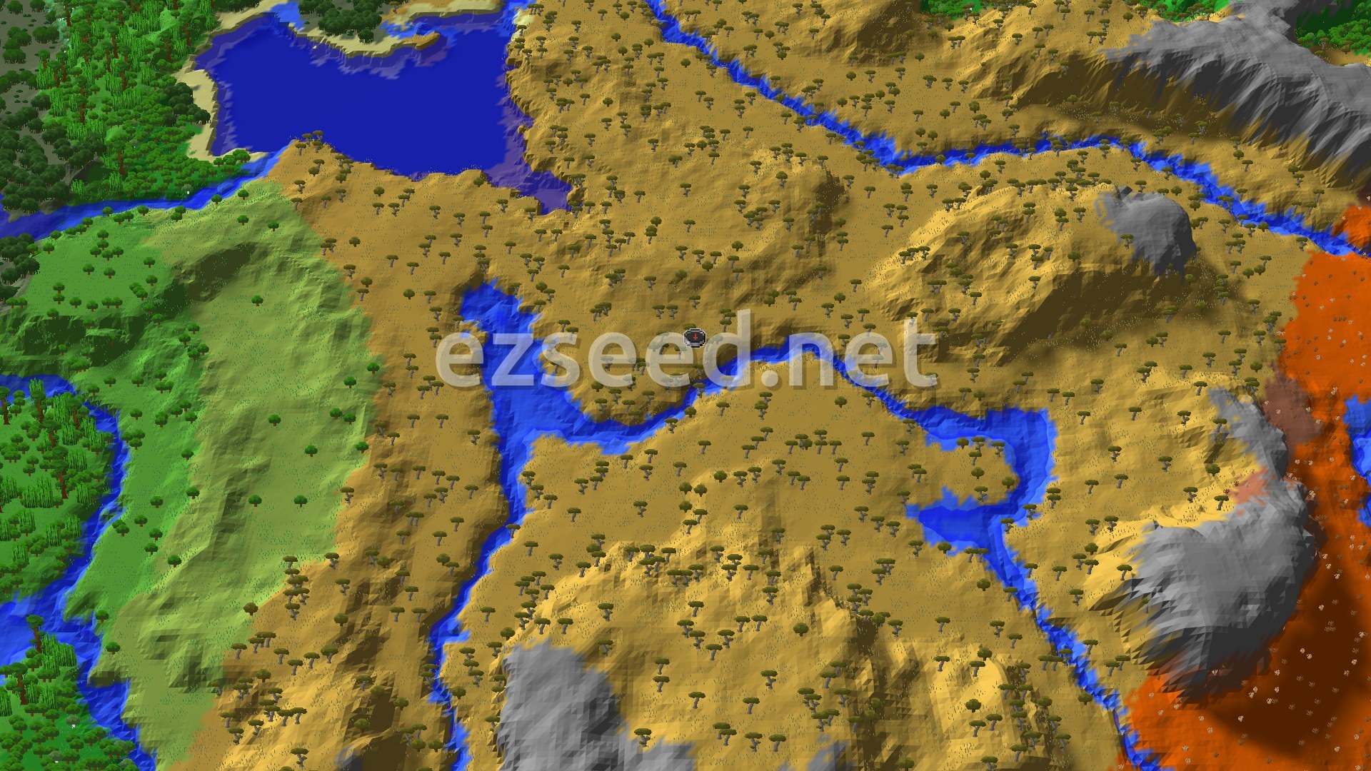 A 3D fly-over of a tan savanna of flat-topped acacia trees, cut by a winding river, with a lake to the north-west, green plains to the west and orange badlands along the east edge.