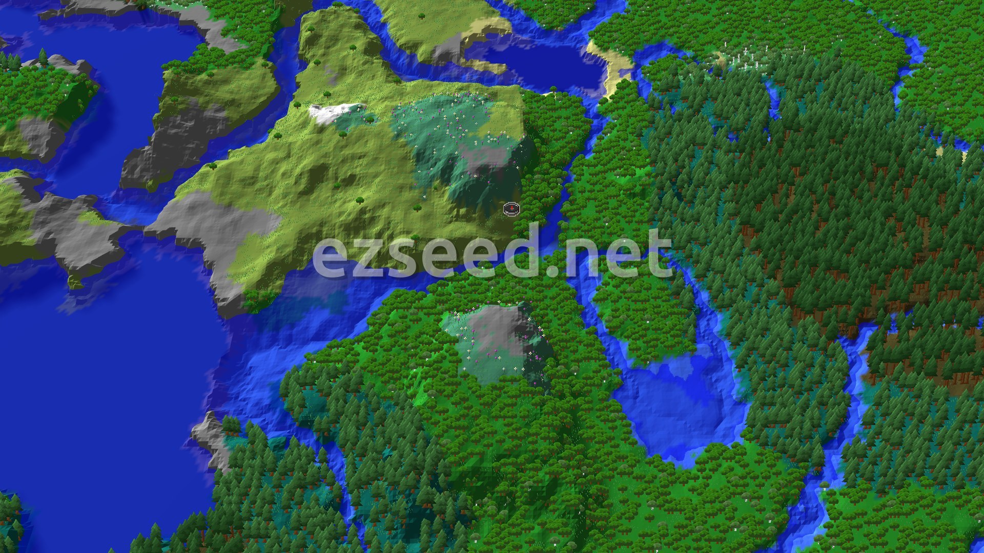 Aerial Minecraft seed map — Taiga Village Beside Rivers and a Woodland Mansion