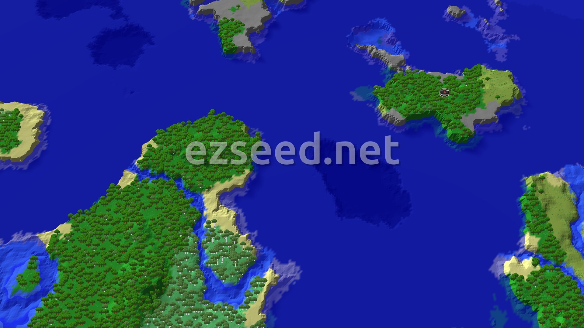 A forested island with grey stone shores and sandy beaches sits in open blue ocean, with more wooded islands and birch stands around it.