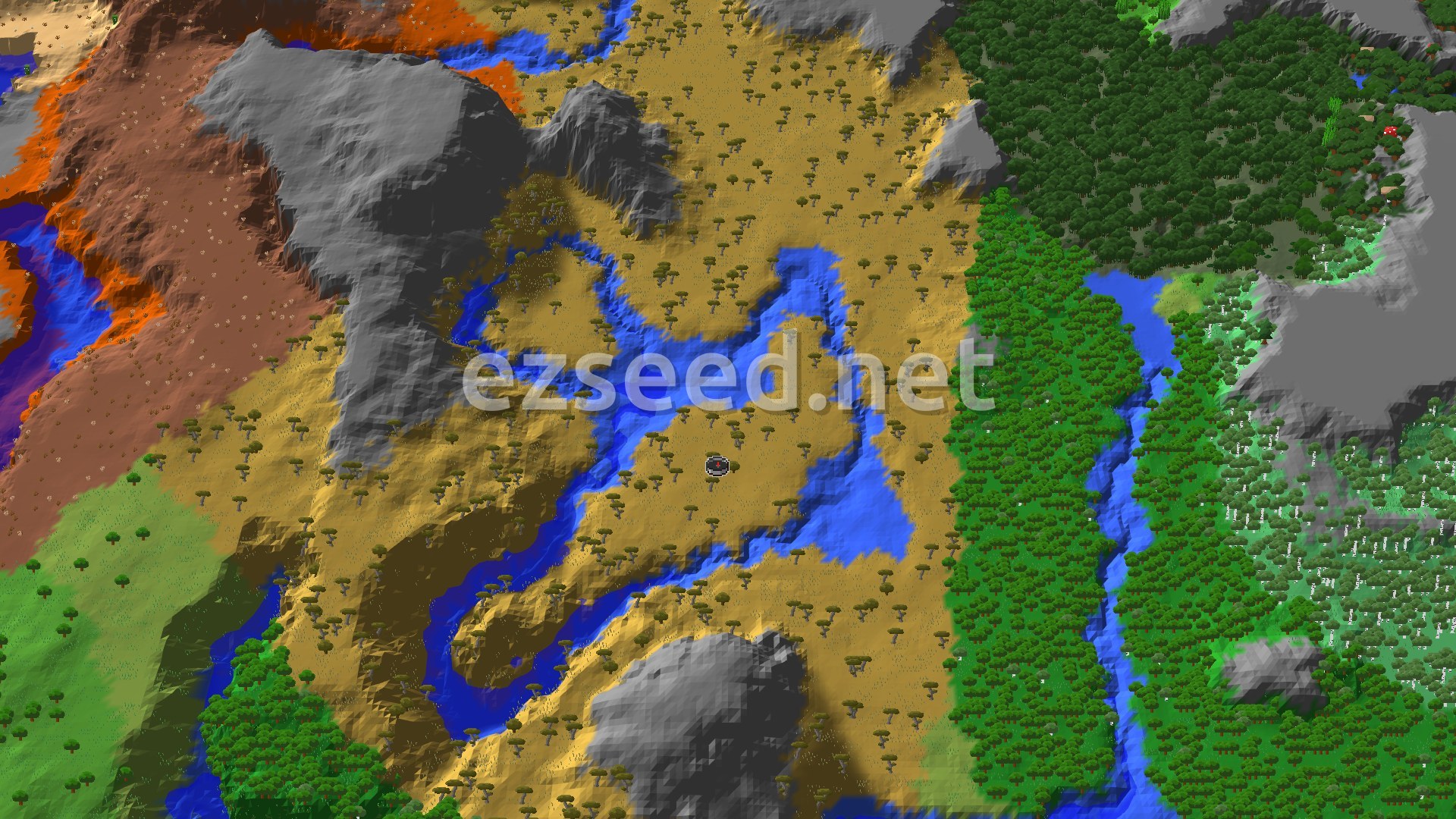 A golden savanna with scattered acacia trees is cut by winding blue rivers, with grey rock outcrops, dense green forest to the east and orange-brown badlands to the west.