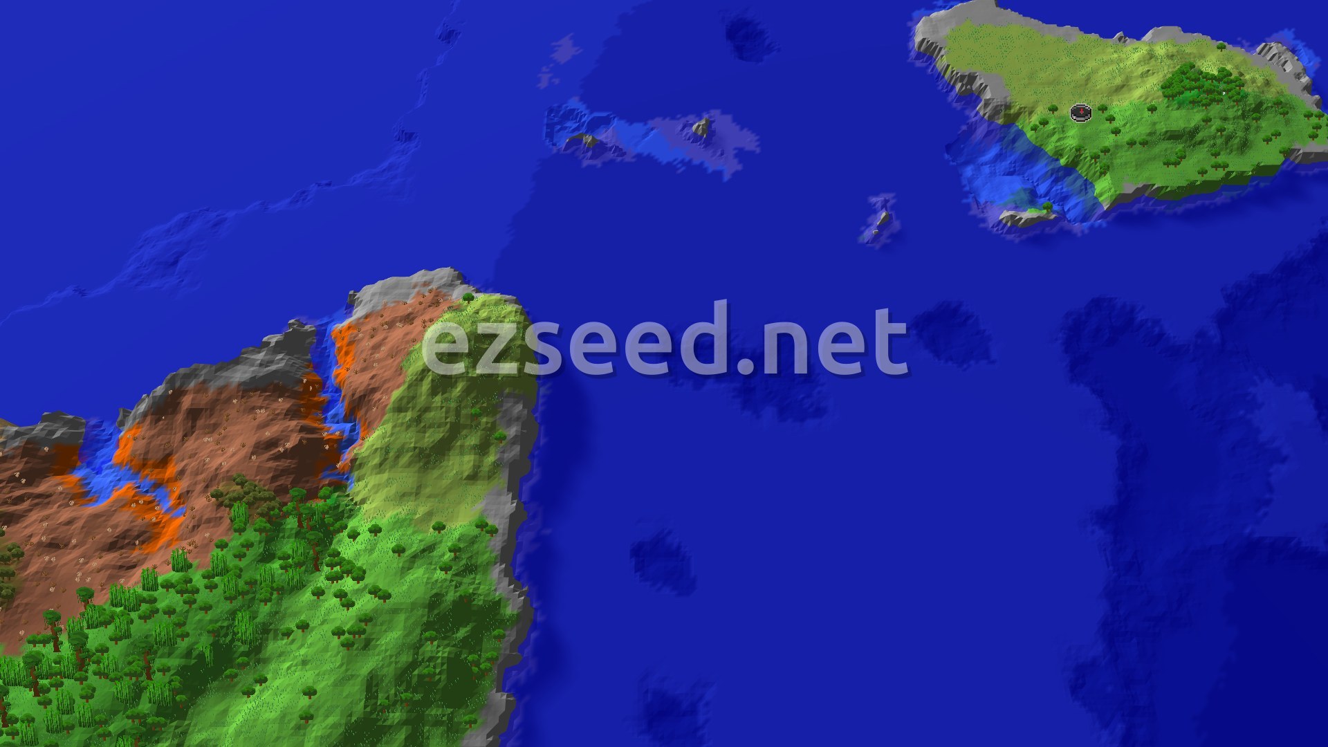 An aerial 3D render of a large, mostly green island surrounded by blue ocean, with a small red spawn marker visible on the island.