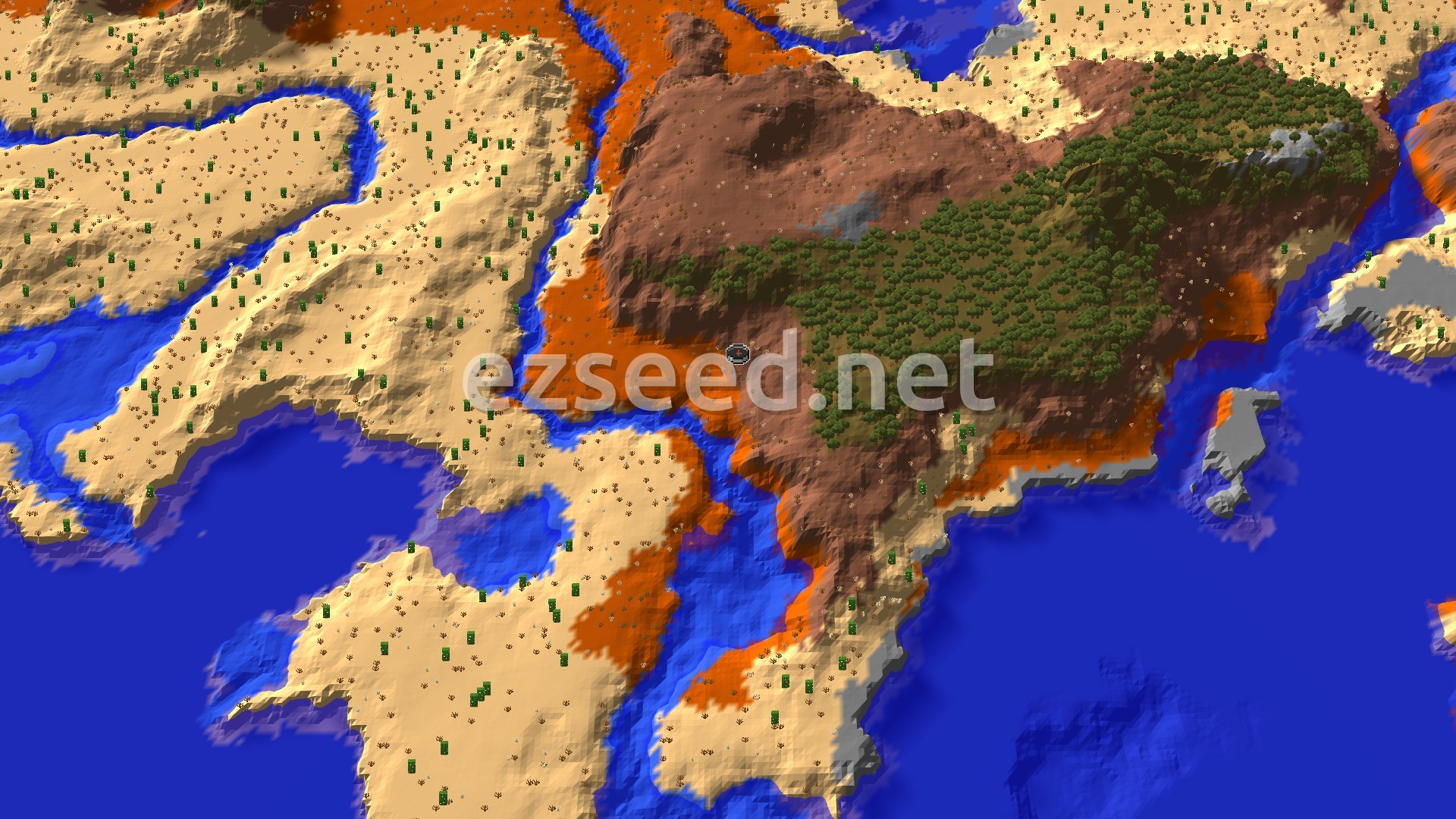 An aerial view of varied terrain featuring a large, elevated wooded badlands biome next to a sandy desert, with a river winding through. Patches of lighter badlands and water bodies are visible.