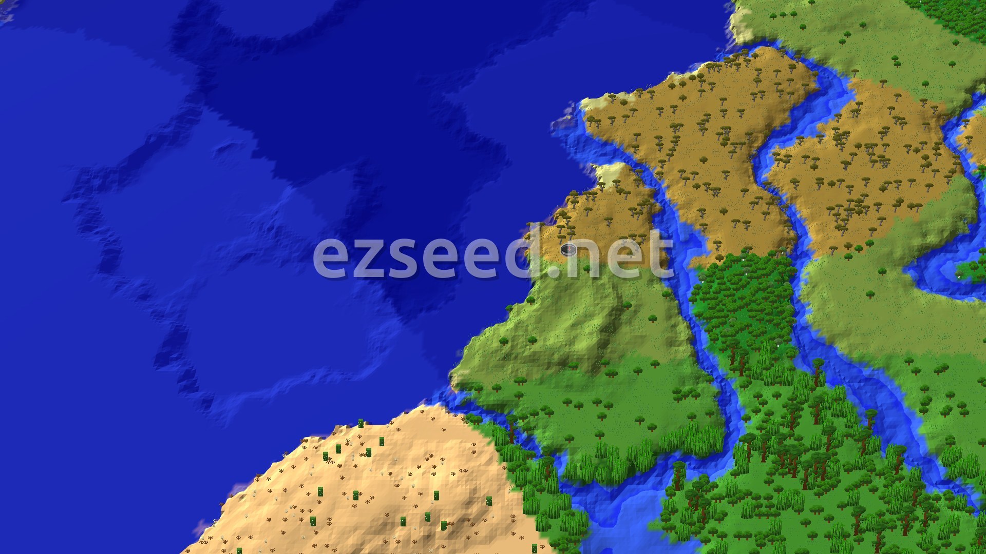 A 3D fly-over of a coastline: deep blue ocean on the left, orange-brown savanna ridges split by blue rivers, green forest and jungle to the south, and a sand-coloured desert in the lower corner.