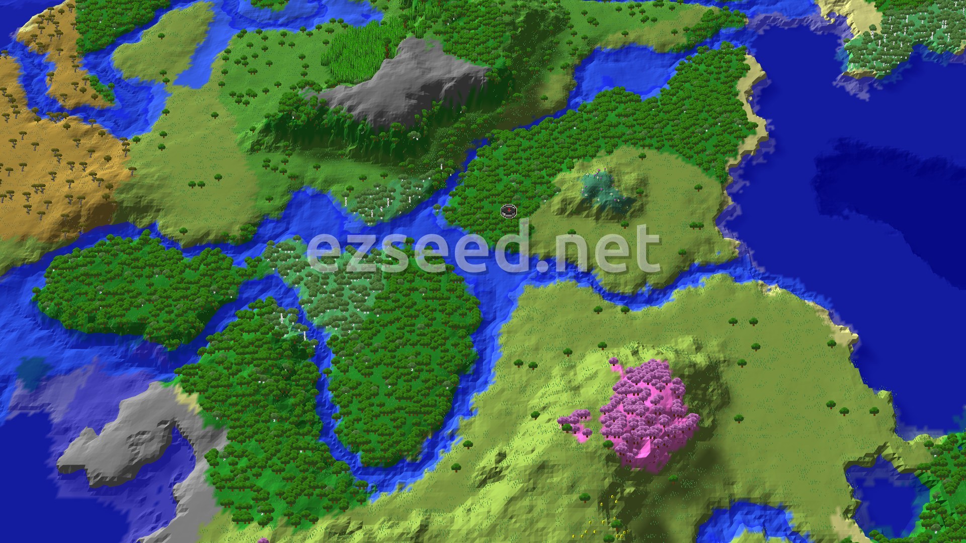 A fly-over of a forested peninsula cut by blue rivers, with a rocky grey hill to the north, a pink cherry grove to the south and open sea to the east.