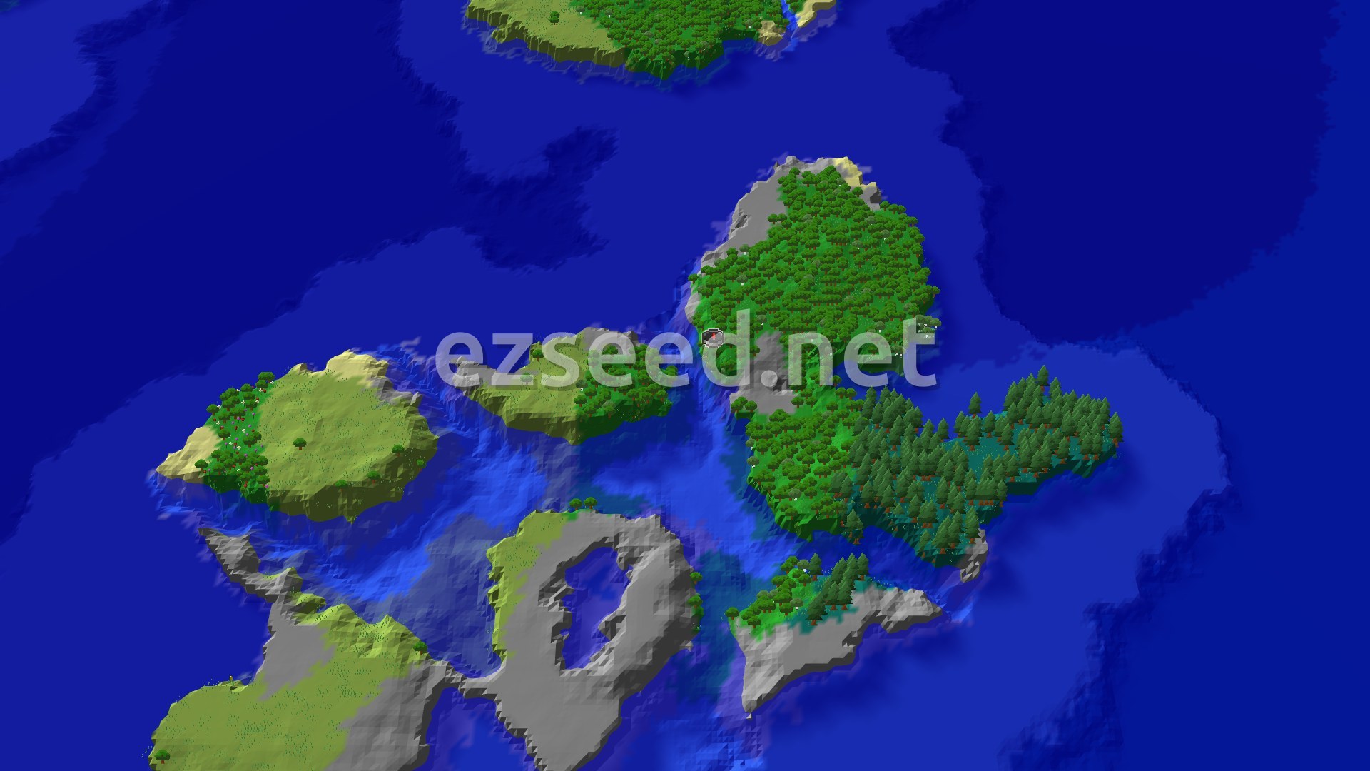 A dense green forest island with a stony grey shoulder and a spruce stand on its south-east side, surrounded by deep blue ocean and smaller islands.