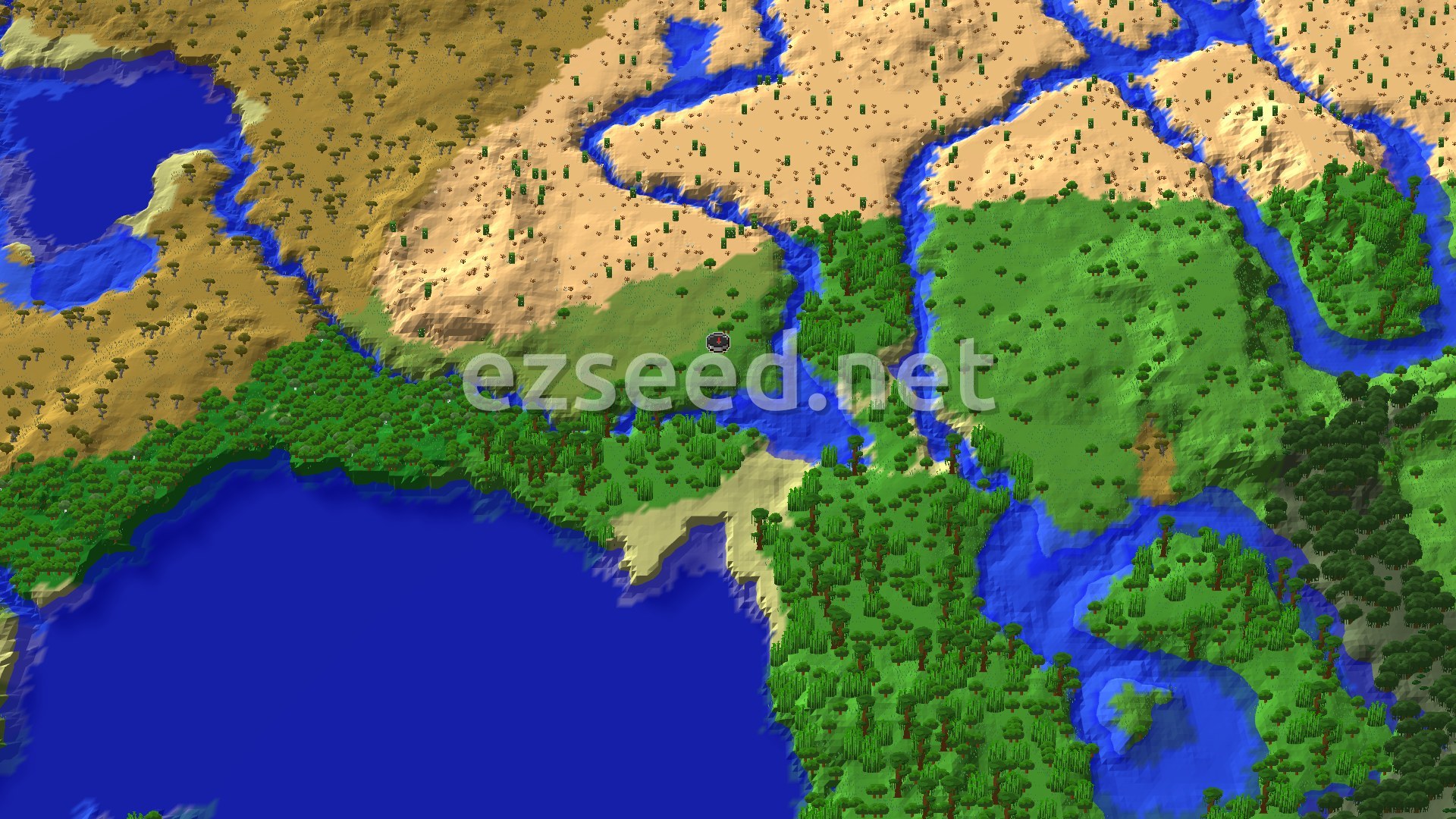 Aerial view of a green jungle coast and open ocean to the south, with river channels winding through sandy desert hills to the north.