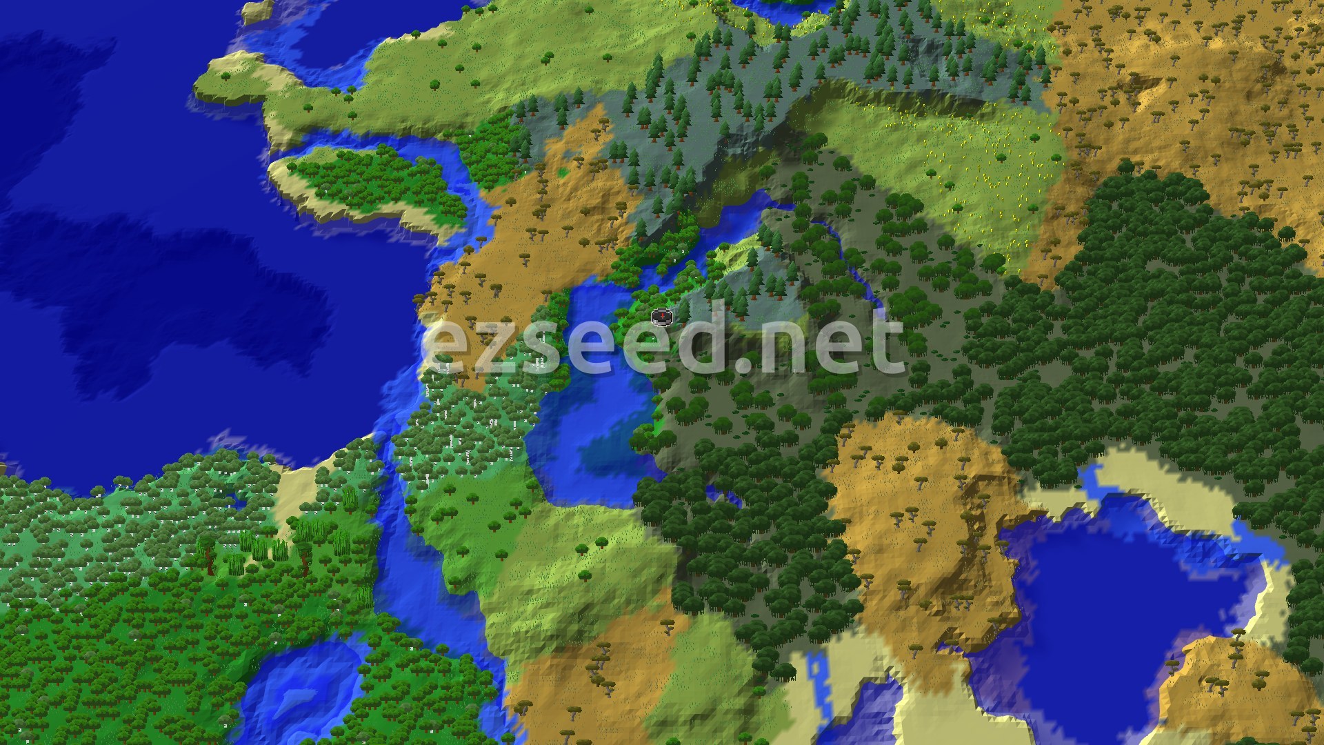 A forested hillside beside a deep blue lake, with savanna slopes, birch woods and open plains stretching out around the spawn marker.