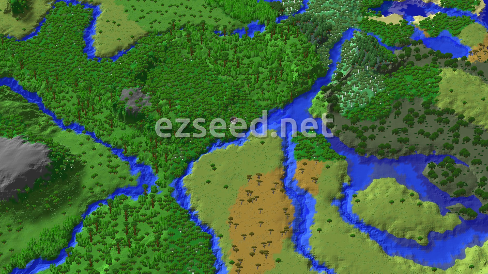 Aerial view of a dense forest cut by winding blue rivers, with open plains, a tan savanna patch, birch woods and a grey rocky outcrop around the spawn marker.