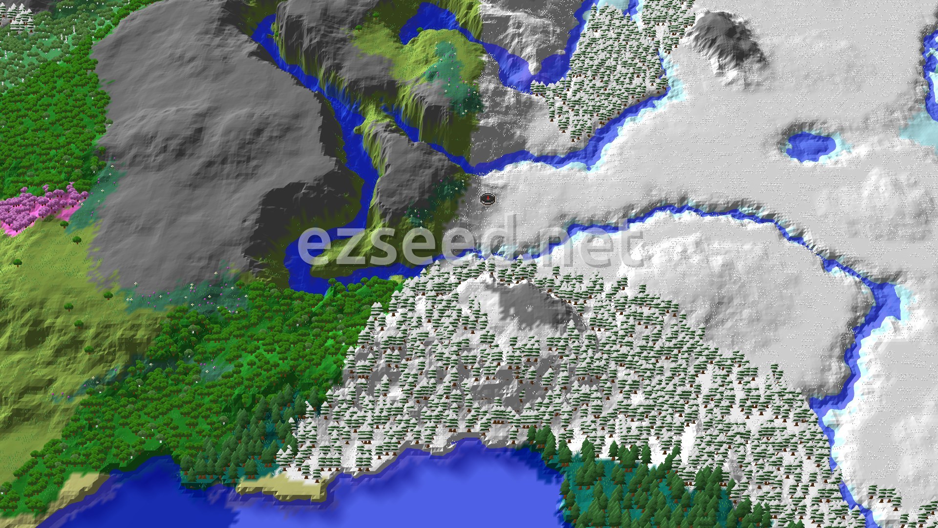A 3D fly-over of a snow-covered plain split by frozen rivers, with snowy spruce forest to the south, green forest and a meadow to the west, and open water at the bottom.