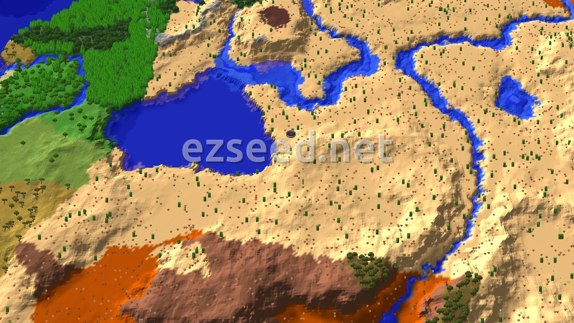 A wide fly-over of pale desert with a blue lake just west of the spawn marker, winding rivers to the east, jungle and savanna to the west, and orange badlands along the south edge.