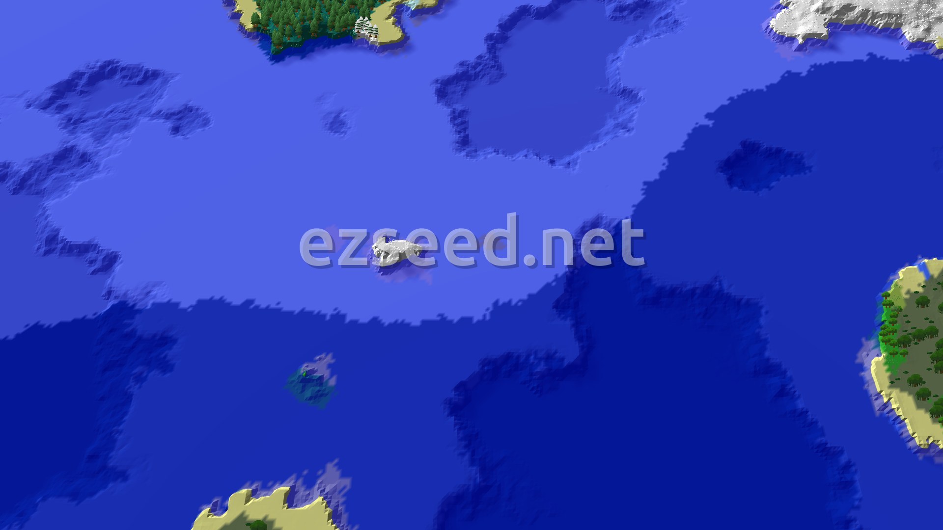 Aerial Minecraft seed map — Frozen Ocean Archipelago with an Ocean Monument