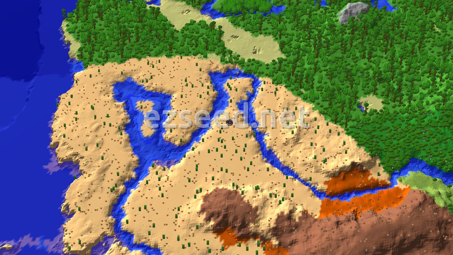 An aerial view of a vast desert with small rivers, bordered by a dense jungle to the north and rugged badlands to the southeast.