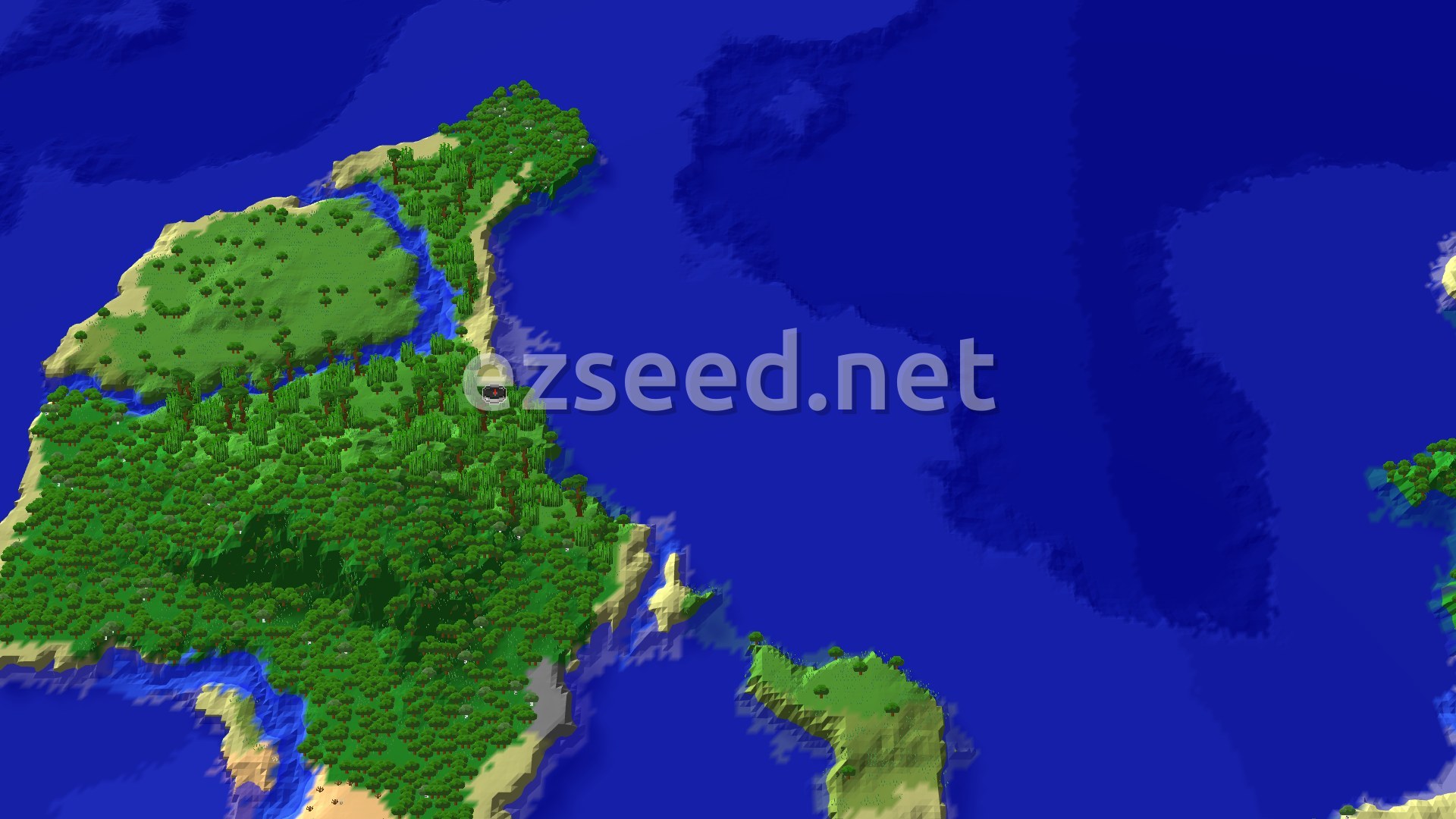 A 3D fly-over shows a large, green island covered in dense jungle and forest, surrounded by blue ocean, with a small spawn marker in the center.