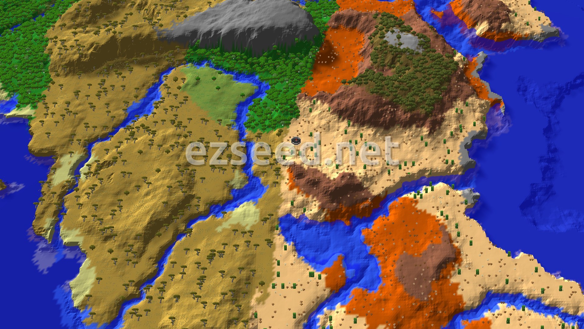 A sandy desert with cactus sits among orange badlands mesas, a river valley and savanna hills, with green forest to the north and open ocean to the east.