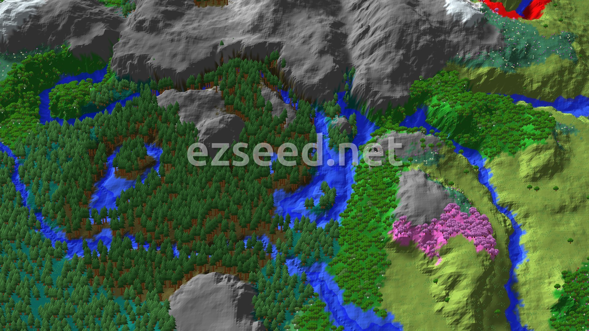 An aerial view of a varied landscape, featuring dense green forests, winding blue rivers, grey mountains, and a distinct pink-leafed Cherry Grove biome, with a small marker at the center indicating the spawn point.