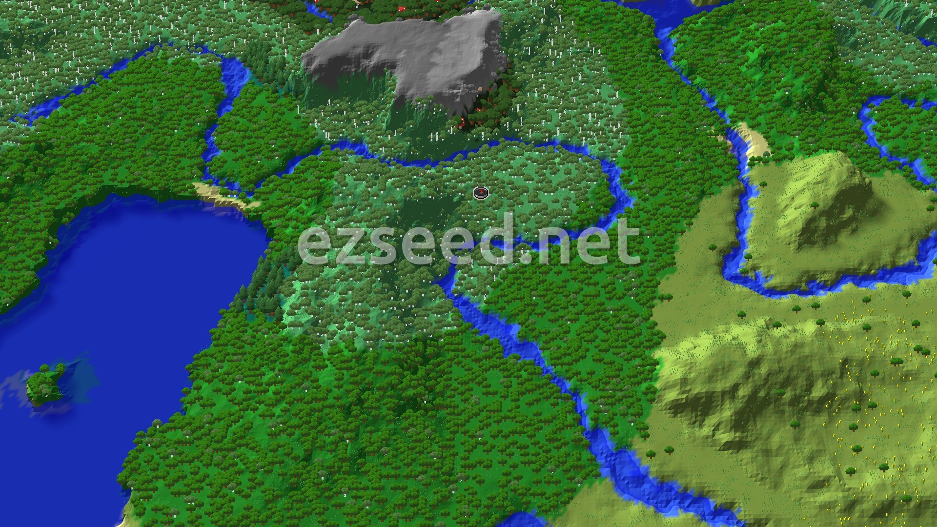 A fly-over of a forested basin with a large blue lake to the west, winding rivers, a grey rocky outcrop to the north and open grassland to the east.