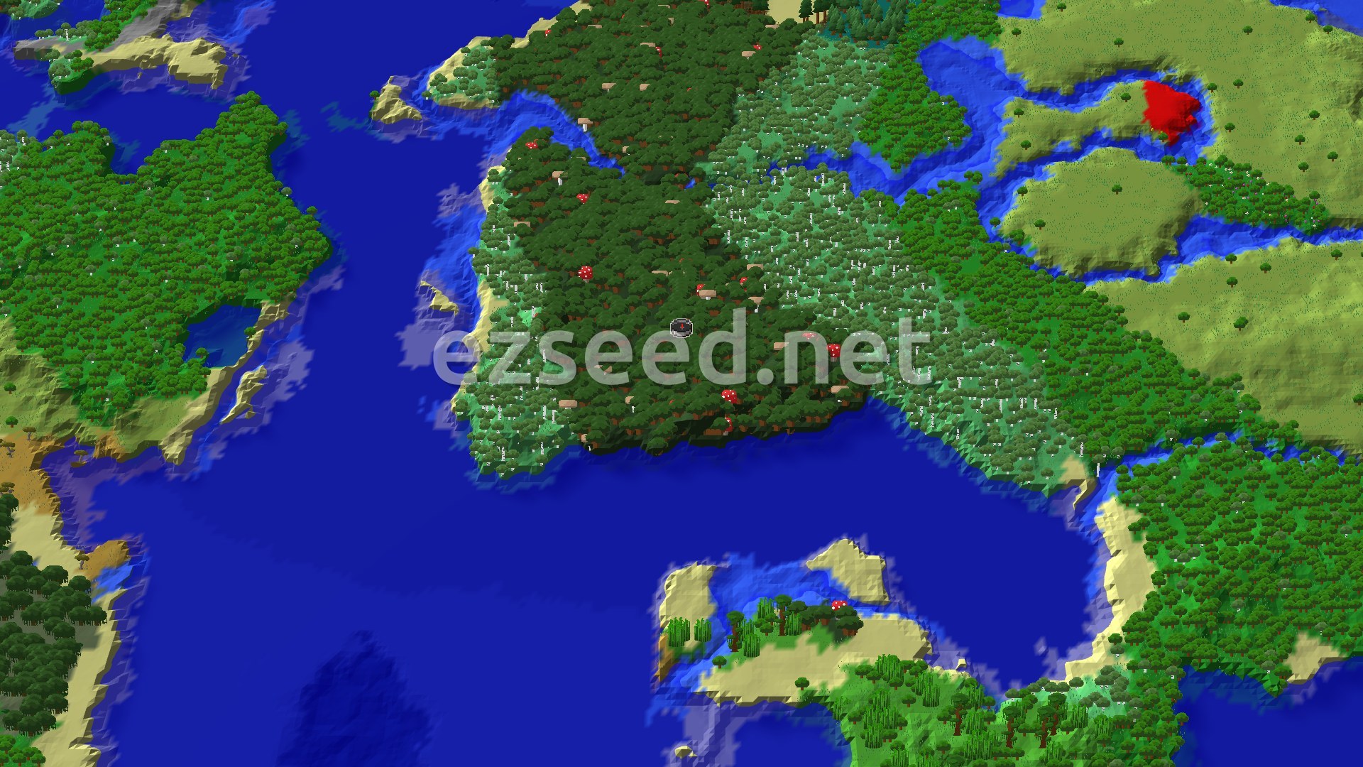 A dense dark forest dotted with giant red and brown mushrooms meets a pale birch forest, with open water to the south and west and a green coastline beyond.