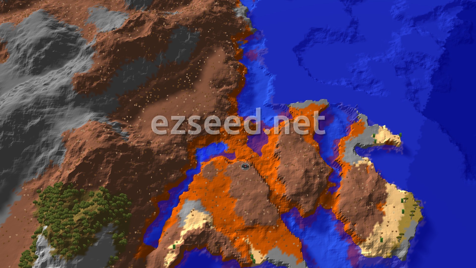 Aerial Minecraft seed map — Eroded Badlands Coast with a Ruined Portal Right Beside Spawn