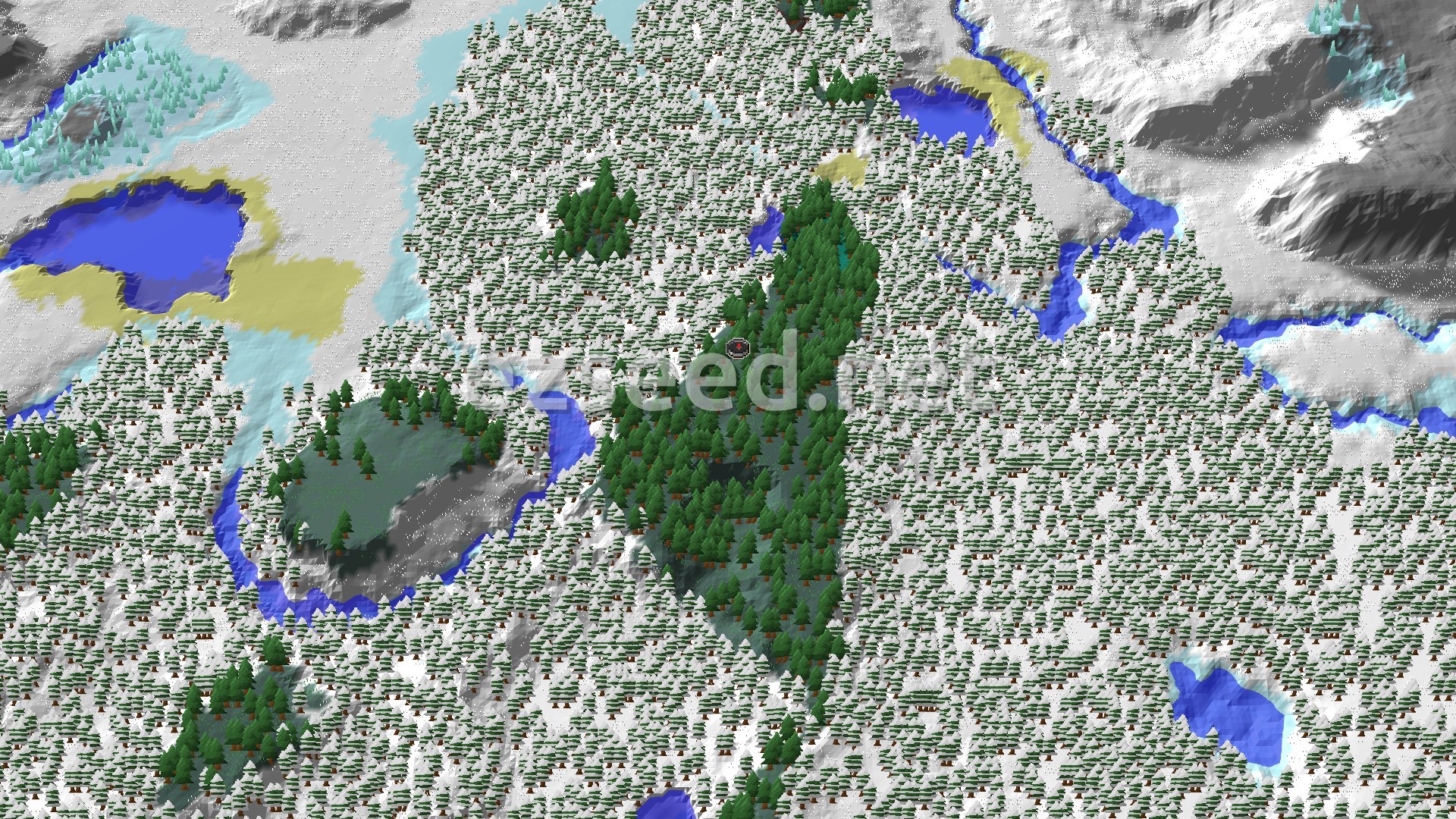 A fly-over of a dark green forested ridge cutting through dense snow-covered spruce, with frozen rivers, small lakes and grey hills at the edges.