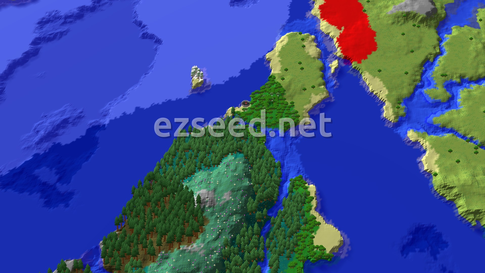 An aerial view of a large, forested island surrounded by ocean. A small snowy island is visible to the west, and a red-colored biome is to the northeast, across the water.