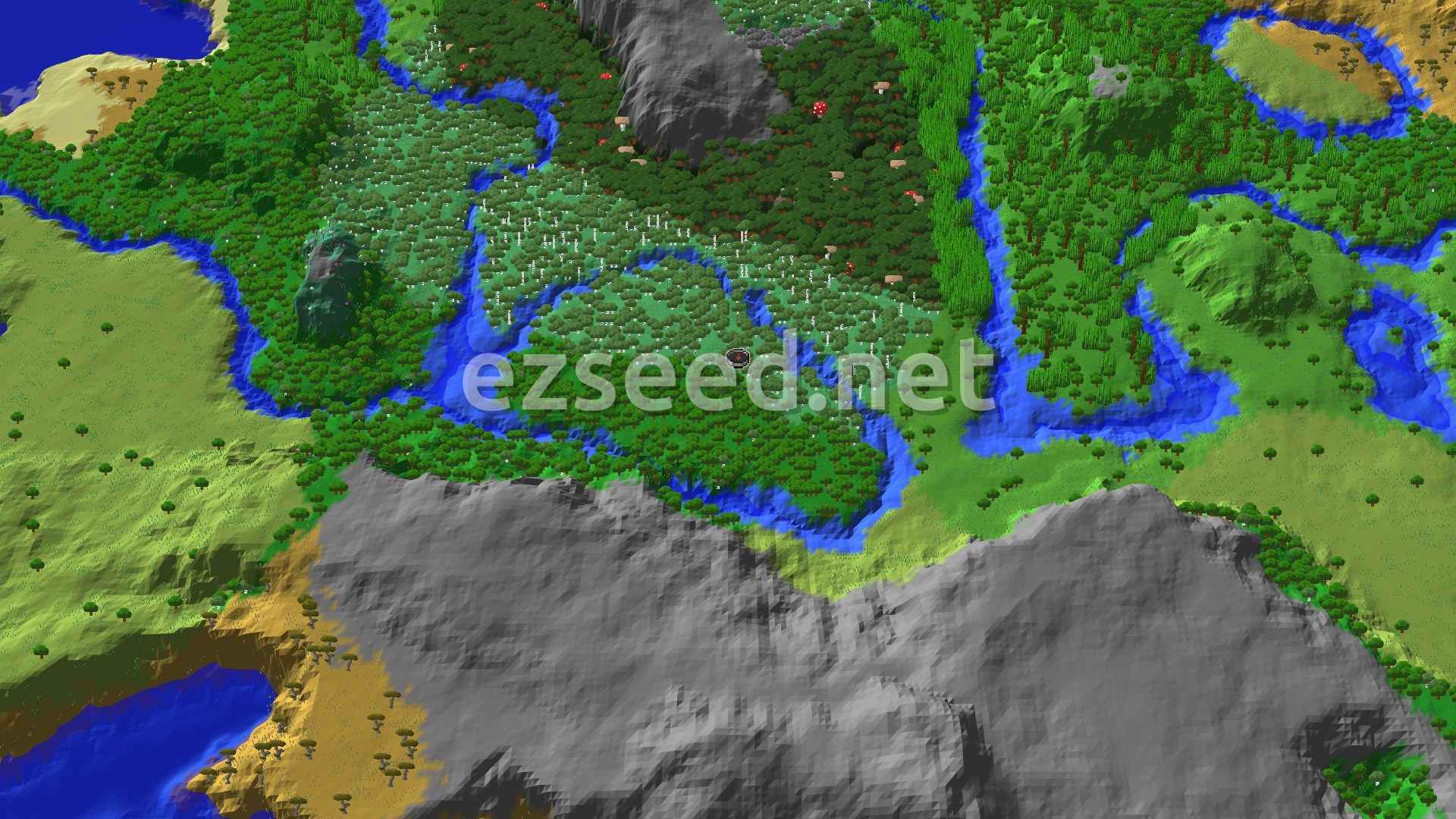 Aerial Minecraft seed map — Birch Forest Valley With Cherry Grove and Bamboo Jungle