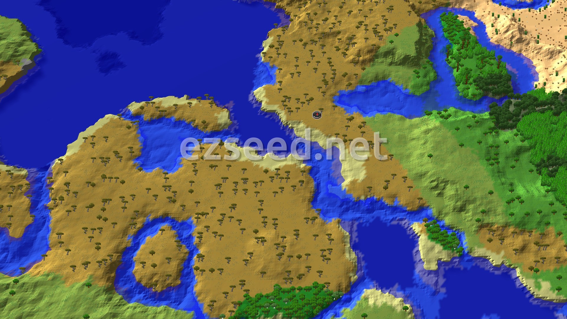 A fly-over of a tan savanna headland dotted with flat-topped acacias, wrapped by deep blue ocean and a river, with plains and dense green forest to the east.
