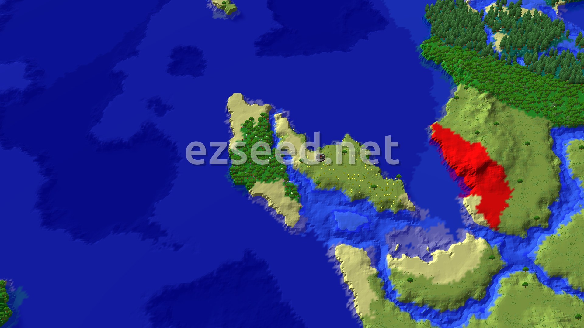 A narrow sunflower-dotted island with a wooded western strip and sandy beaches, ringed by deep blue ocean, with a larger forested landmass to the east.