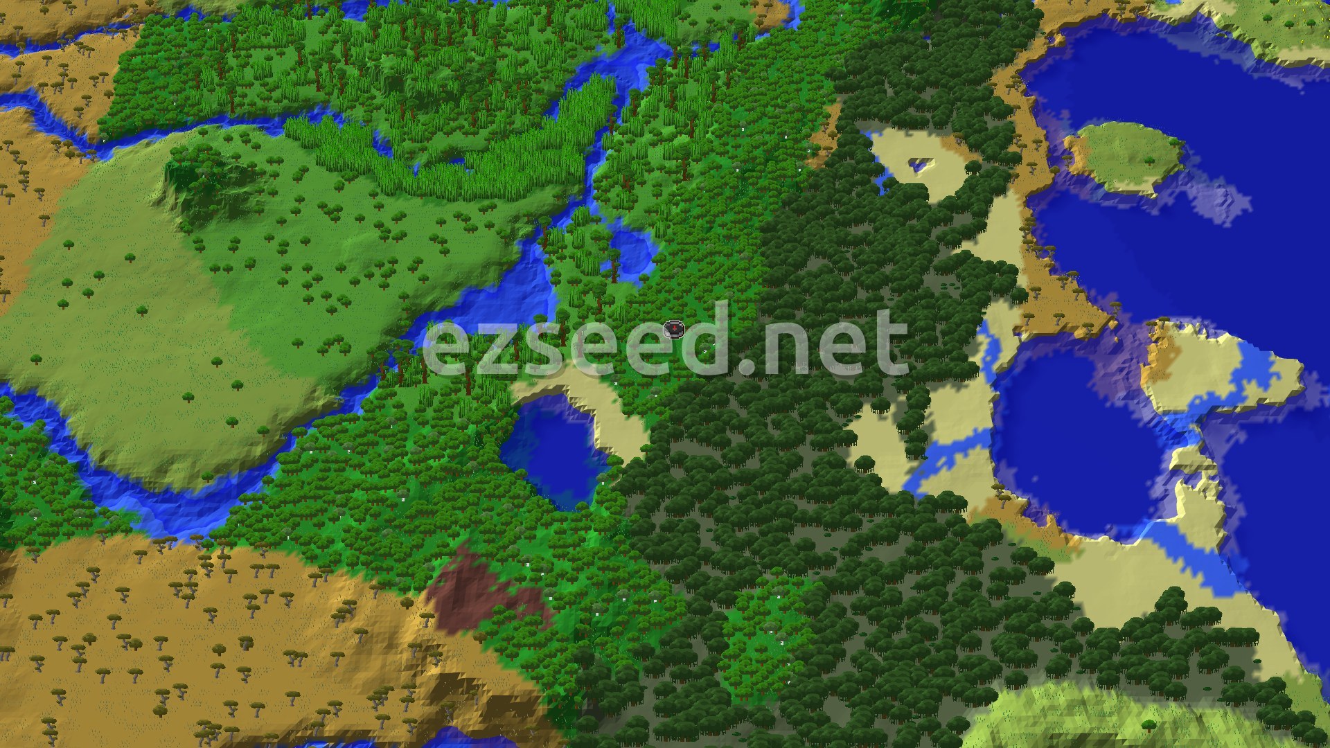 A bright green forest with dark mangrove trees on one side, bamboo and river channels beyond, sandy beaches and blue lakes to the east, and dry savanna hills to the west.