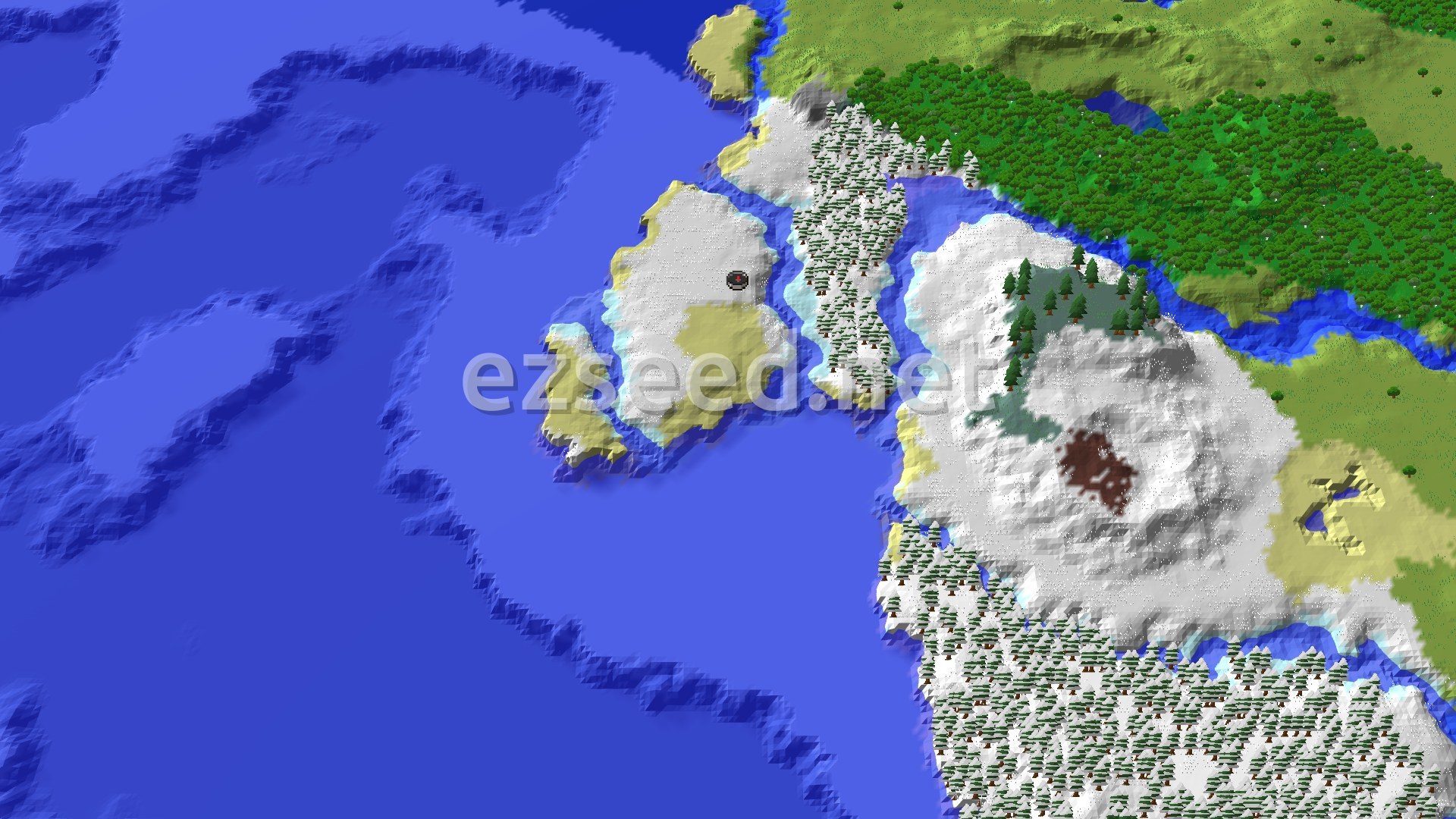 A small snow-covered island with sandy edges sits in deep blue ocean, with a snowy taiga ridge and green forest on the mainland beyond.