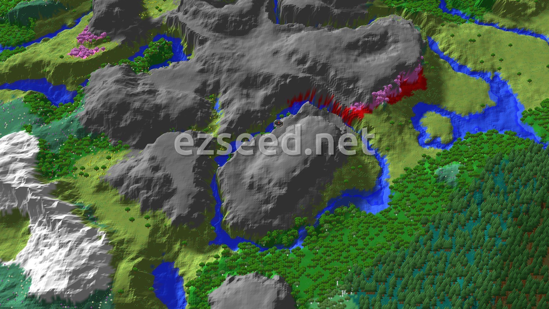 An overhead render of a mountainous and hilly landscape with rivers, plains, and forests. A pink-leafed cherry grove biome is visible, as well as a darker, denser forest.