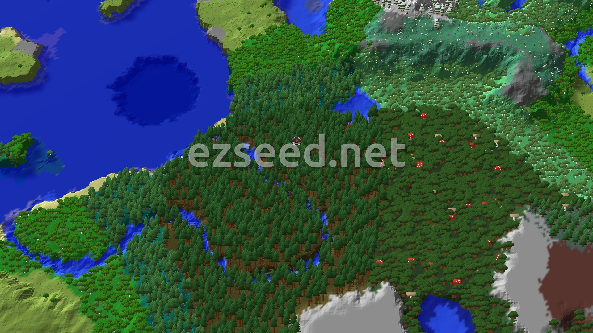A dense old growth spruce forest running down to a bay of blue water, with a dark forest dotted with red mushrooms to the east and grey rock and a green mountain slope beyond.