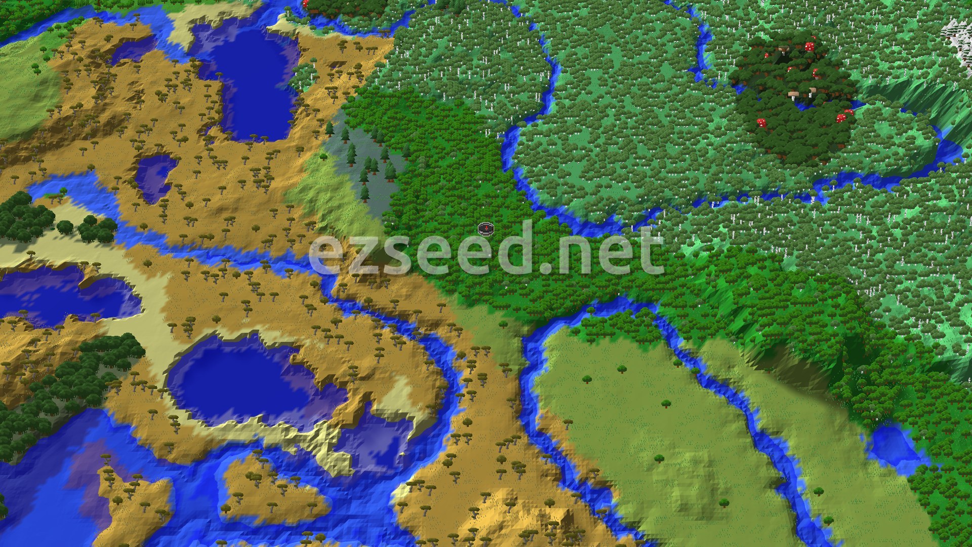 Aerial Minecraft seed map — Forest, Savanna and Birch Woods Split by Rivers
