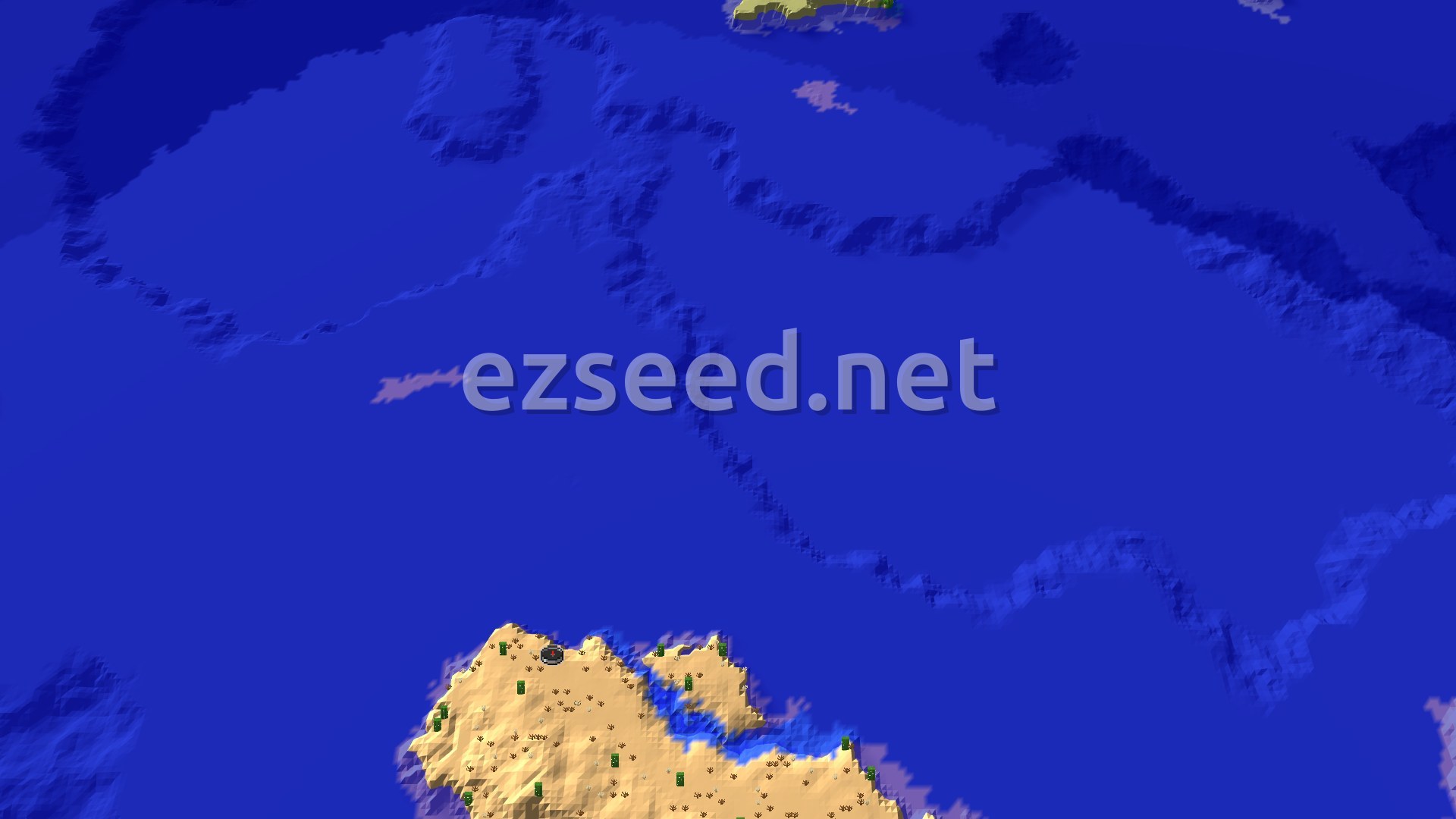 A 3D fly-over of a desert island with scattered green foliage and a small patch of bamboo jungle, surrounded by vast blue ocean.