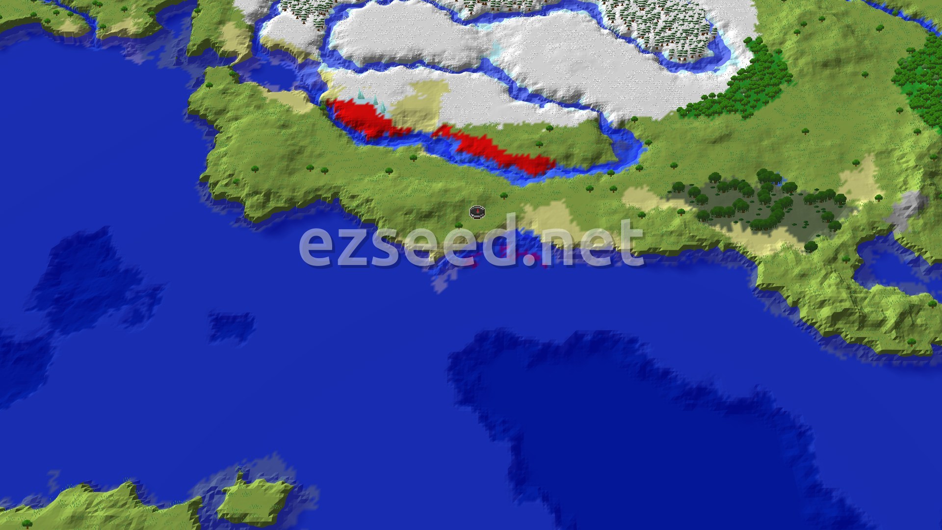 A 3D fly-over of the seed's spawn area, showing a mix of green plains, a band of red dappled forest, and snowy biomes to the north, with open ocean to the south.