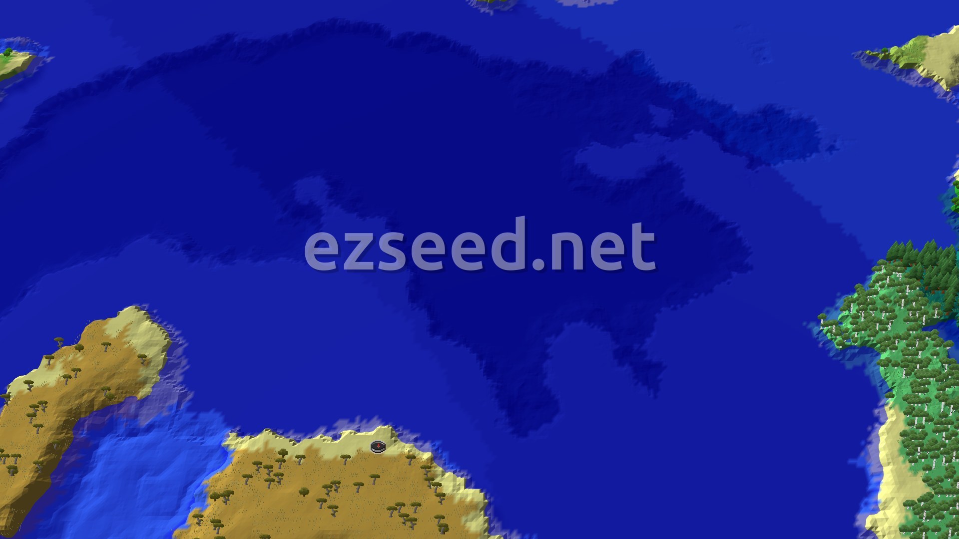 A 3D fly-over view of a large savanna island with scattered trees, surrounded by blue ocean, with a small spawn marker at the center.
