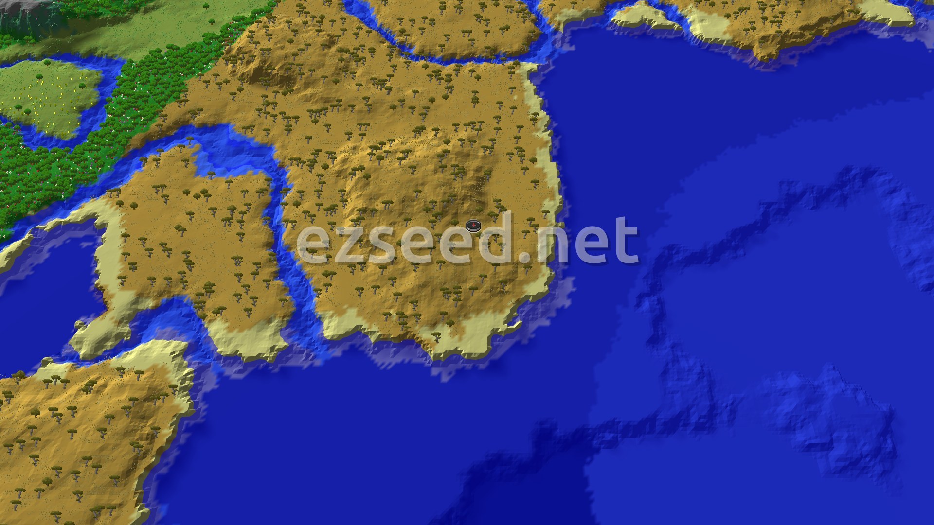 A tan savanna landmass dotted with flat-topped acacia trees, ringed by pale beaches and warm blue ocean, with a green forest and rivers at the top left.