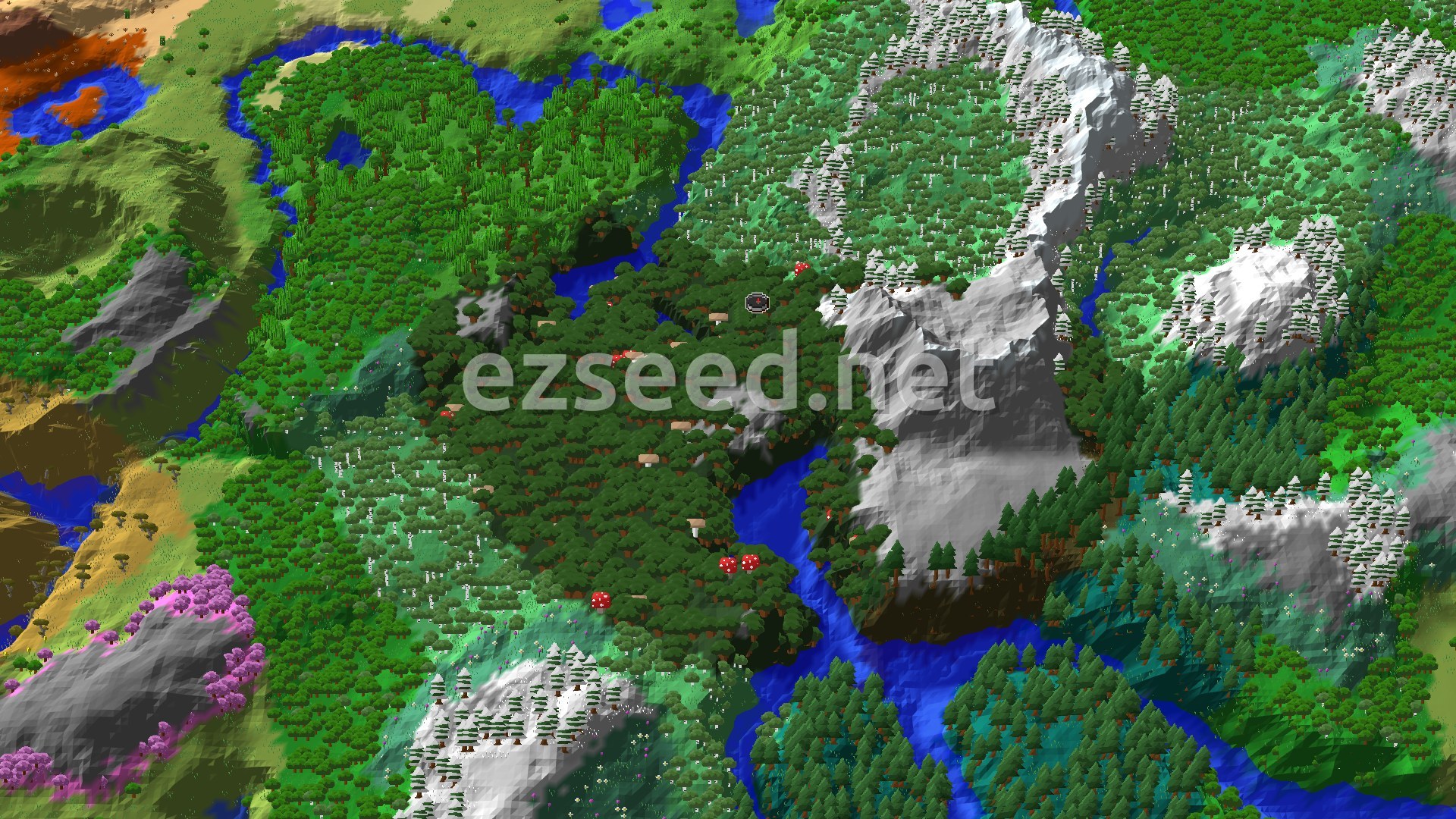 A 3D fly-over of dense dark oak forest around spawn, with a river curling through it and snow-capped grey peaks rising to the east.