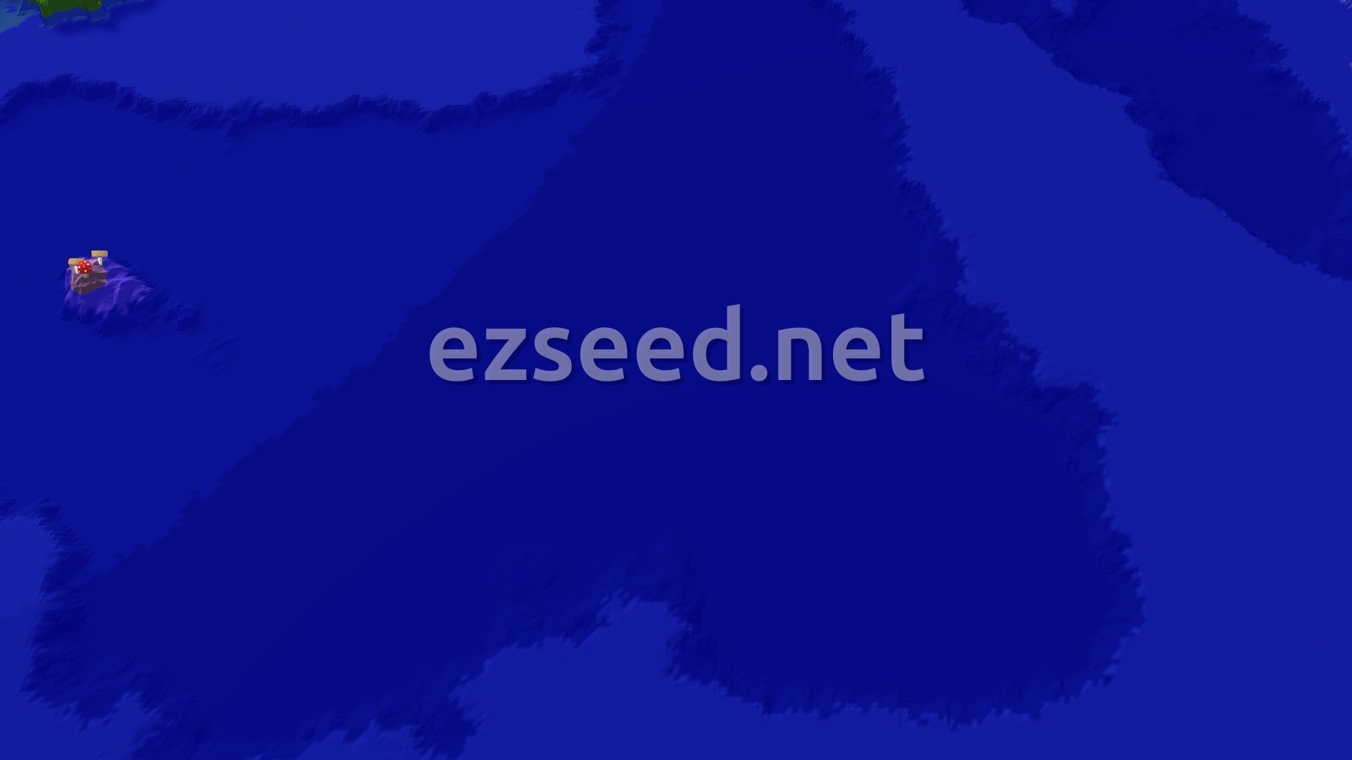 A small, forested island with varied trees, surrounded by deep blue ocean, with a tiny spawn marker visible.