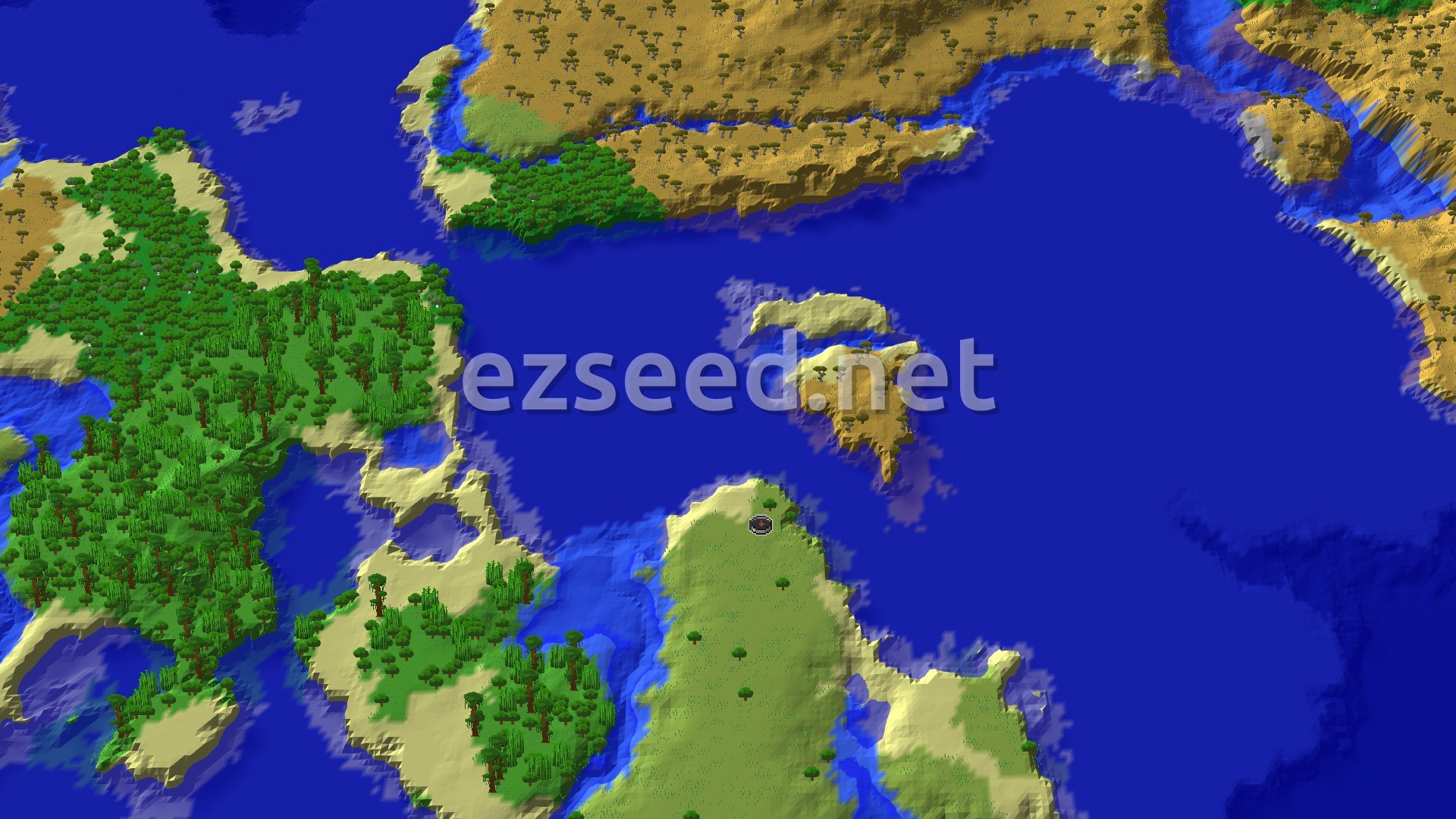 A grassy peninsula with a spawn marker sits in a wide blue bay, with dense jungle and sandy beaches to the west and savanna cliffs across the water to the north.