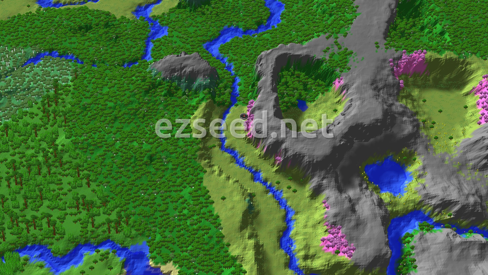 A river winds through green forest past a plains clearing, with pink cherry trees clinging to grey rock ridges and small ponds on the high ground.