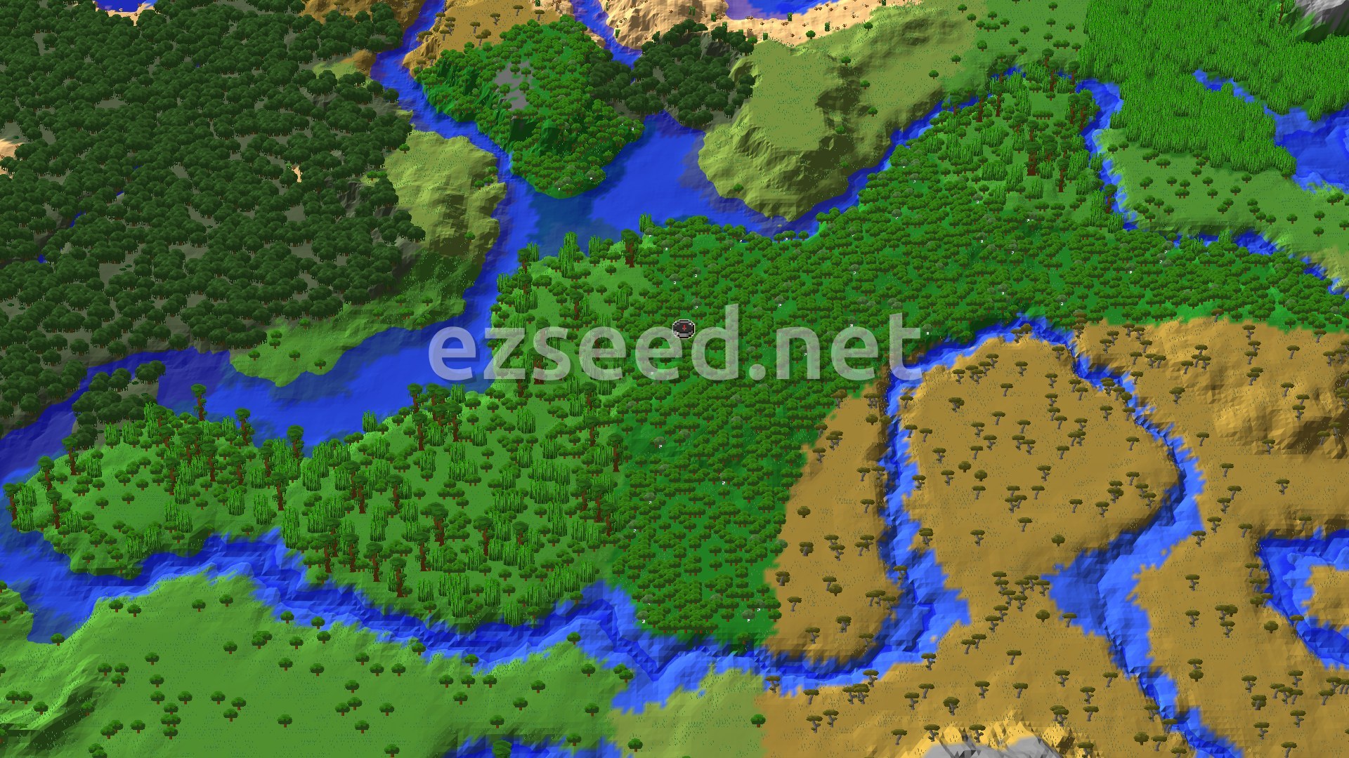 A bird's eye view of a varied landscape, showing a dense forest at the center with a spawn marker, surrounded by winding rivers, areas of savanna, and patches of jungle.