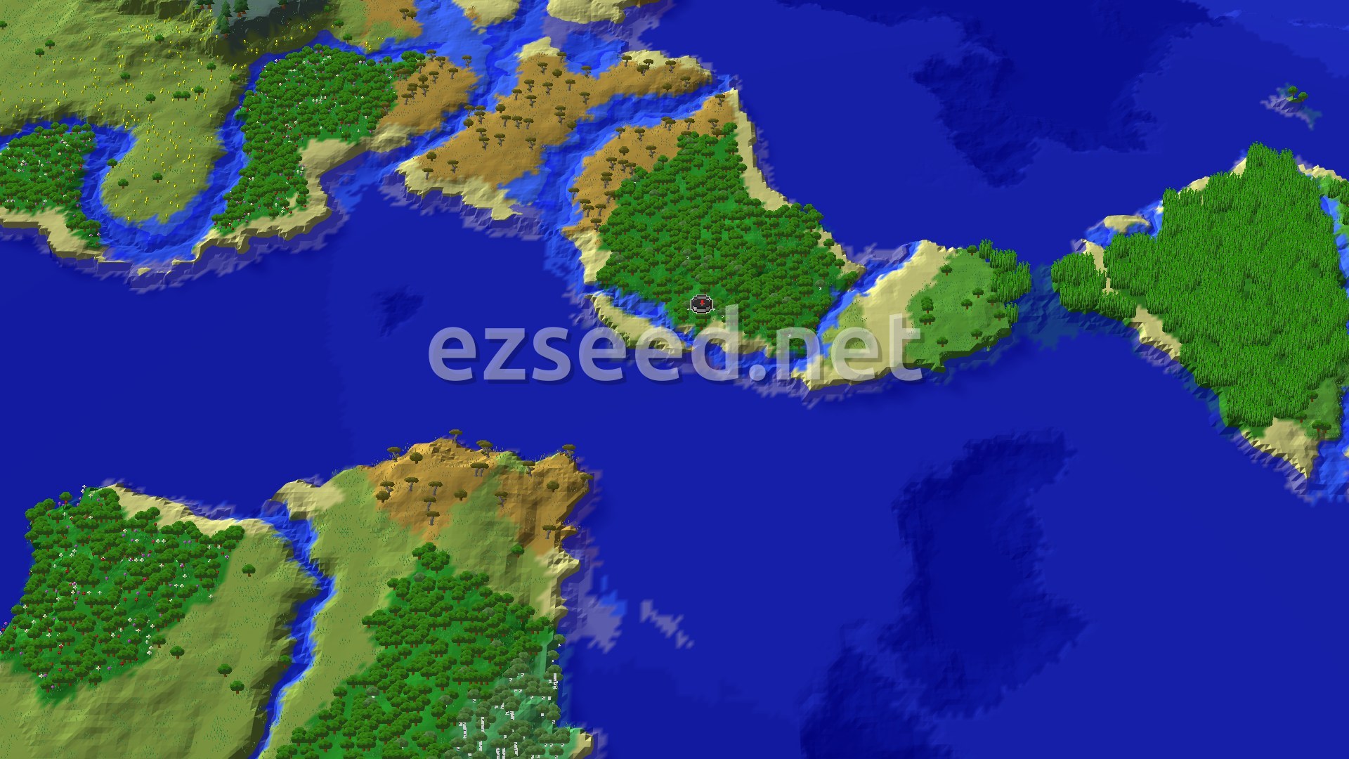 A dense forest on a sandy-edged island sits in open blue ocean, with savanna and other green islands around it.